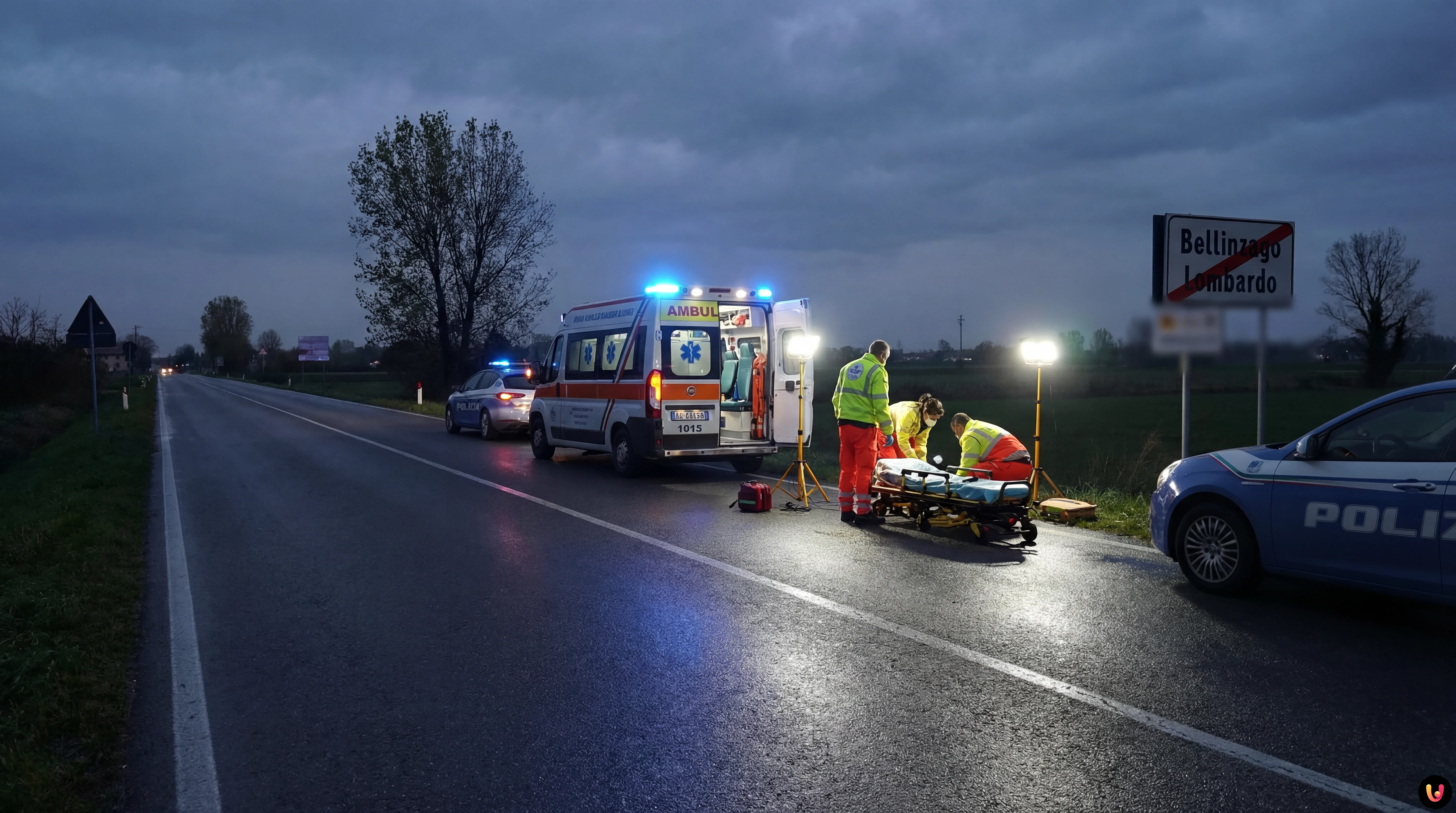 Incidente a Bellinzago Lombardo: 28enne rianimato in strada Ambulanza e mezzi di soccorso sul luogo dell'incidente a Bellinzago Lombardo.