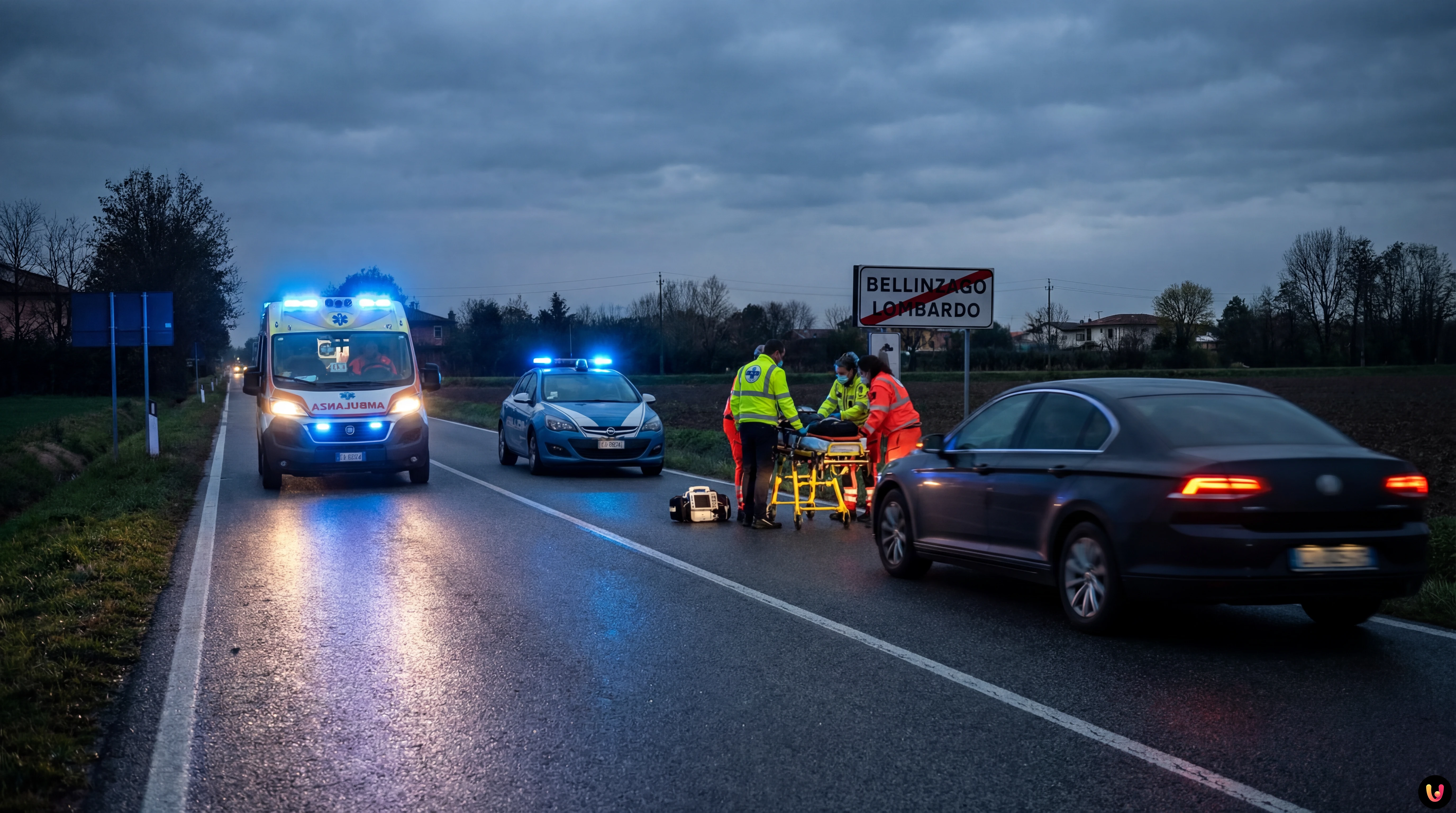 Ambulanza e soccorsi del 118 sul luogo dell'incidente a Bellinzago Lombardo
