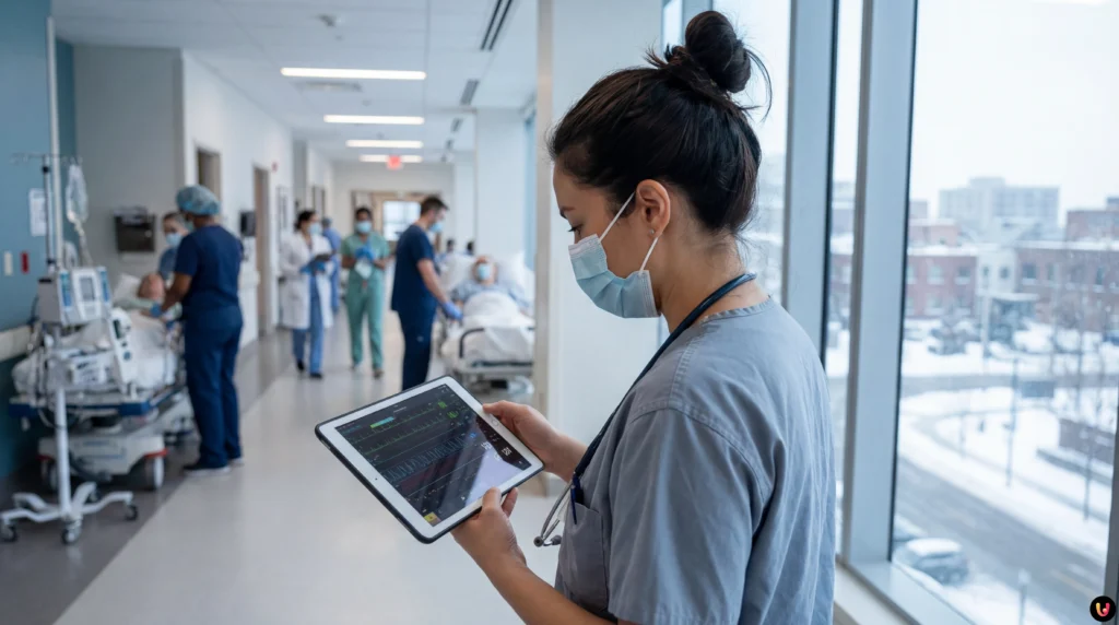 Professionnel de sant&eacute; administrant un vaccin contre la grippe dans un centre m&eacute;dical