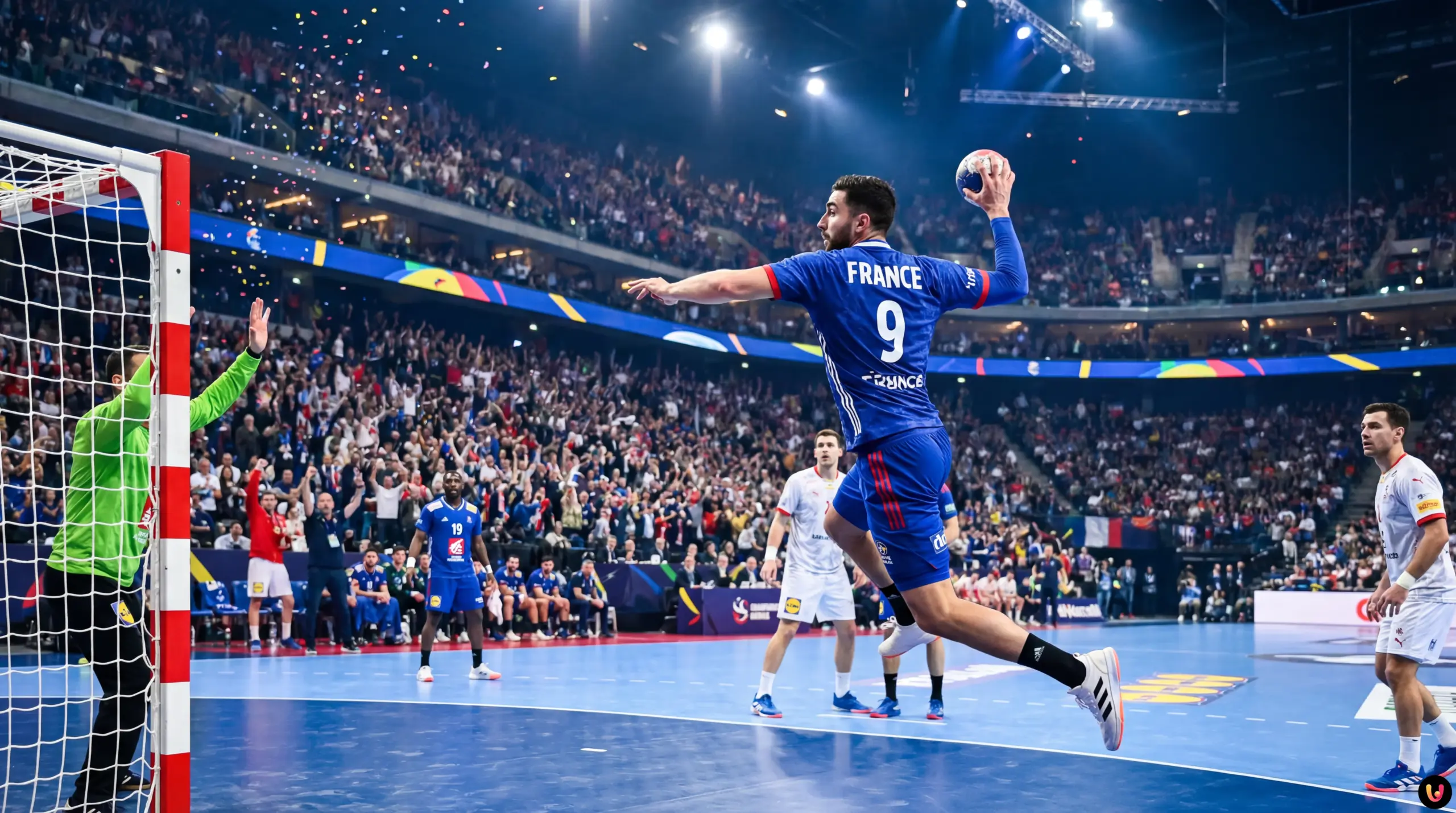 &Eacute;quipe de France de handball c&eacute;l&eacute;brant sa victoire contre l'Islande