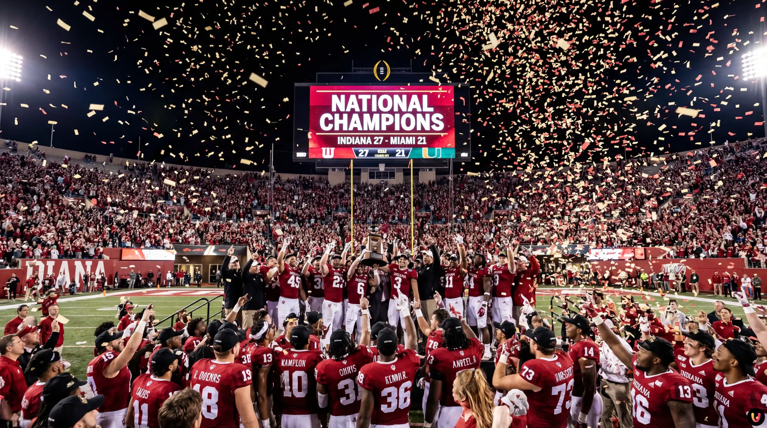 Indiana Hoosiers players celebrating 2025 CFP National Championship win
