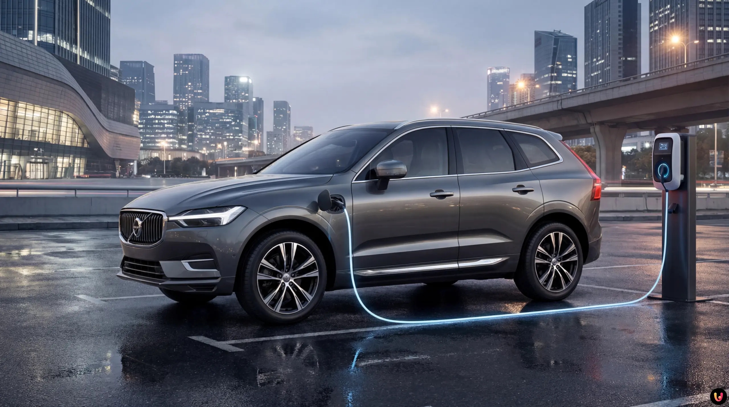 SUV hybride rechargeable branch&eacute; &agrave; une borne de recharge &eacute;lectrique