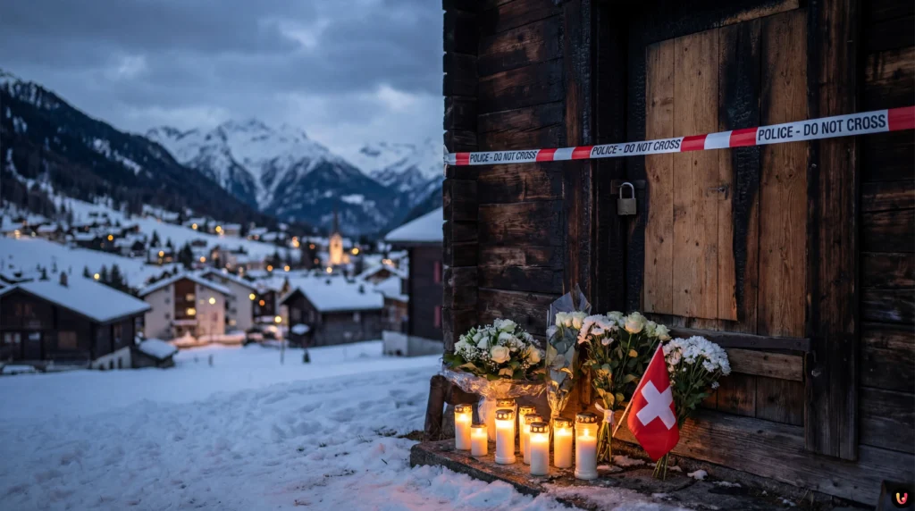Vue ext&eacute;rieure du bar Le Constellation &agrave; Crans-Montana apr&egrave;s l'incendie meurtrier.