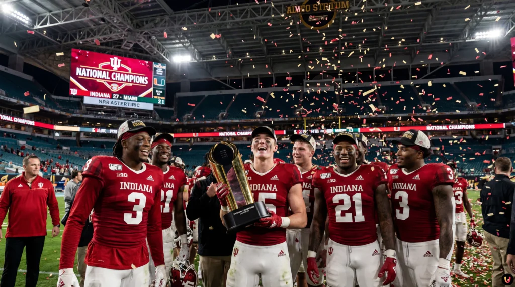 Indiana Hoosiers Make History: Unanimous No. 1 in Final AP Top 25 Poll Indiana Hoosiers players celebrating 27-21 victory over Miami for National Title
