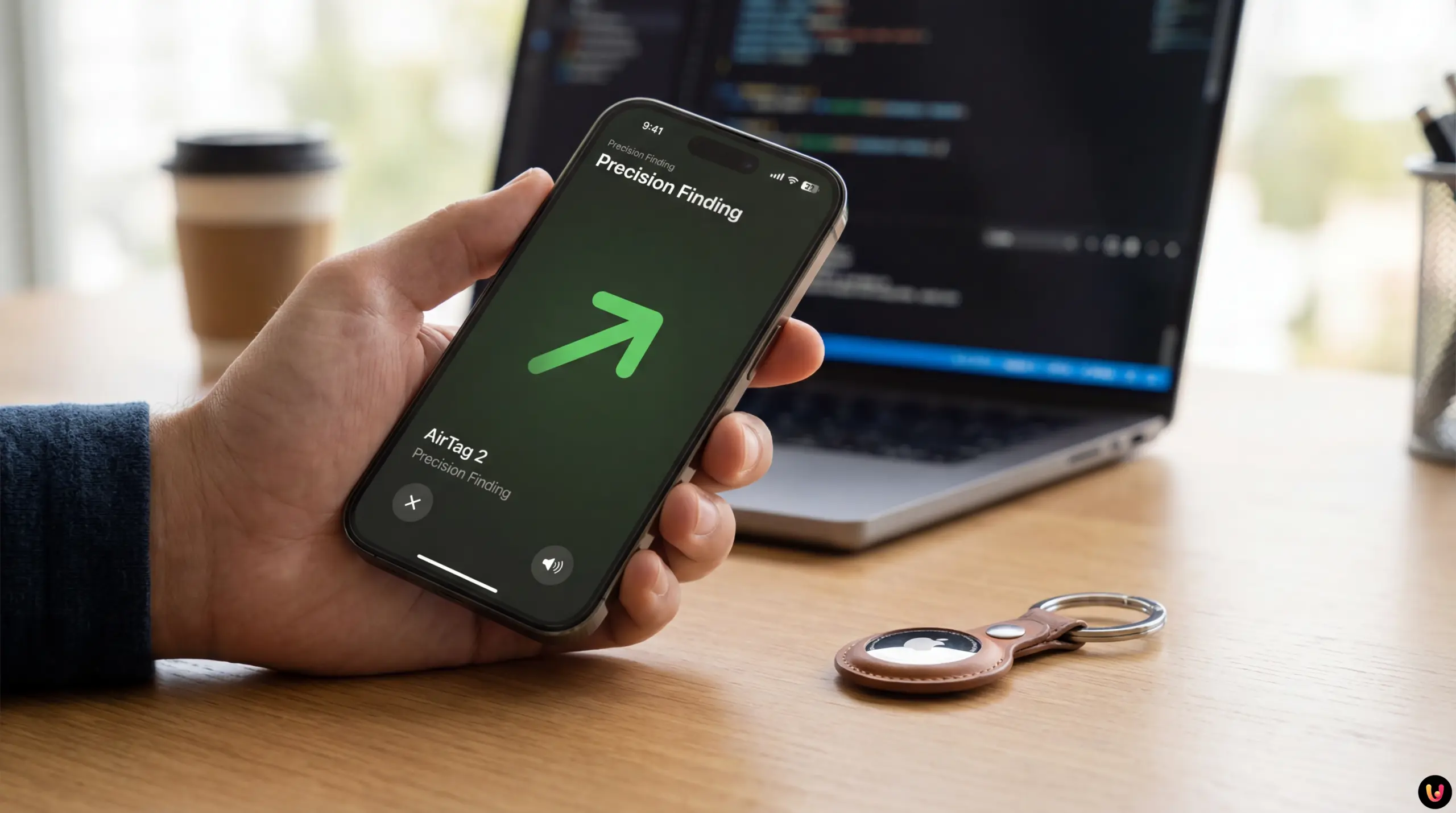 iOS 26.2.1 e AirTag 2: Nuova Localizzazione Apple iPhone con schermata aggiornamento iOS 26.2.1 accanto al nuovo dispositivo Apple AirTag 2