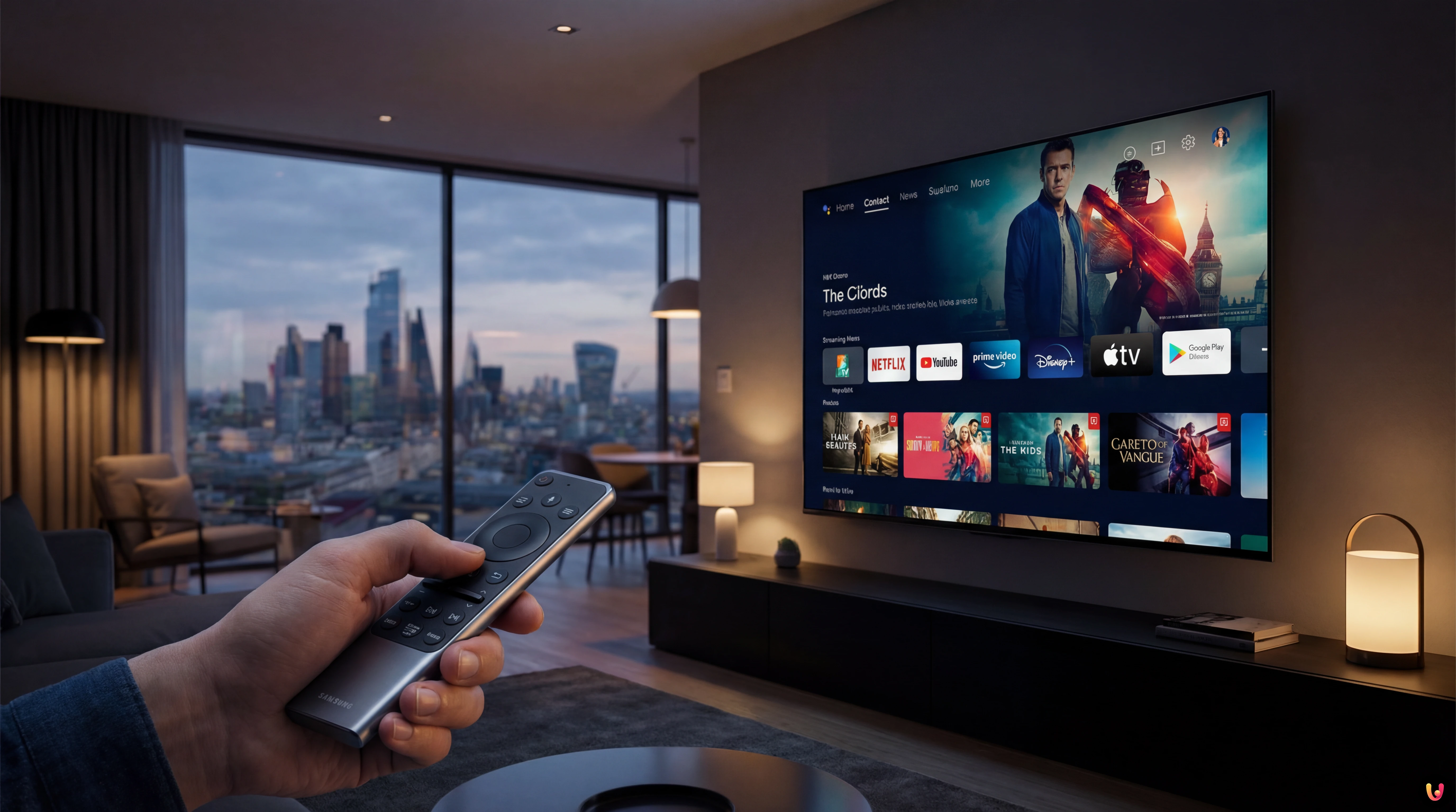 Interface de streaming IPTV 4K sur écran avec drapeau du Royaume-Uni en fond numérique.