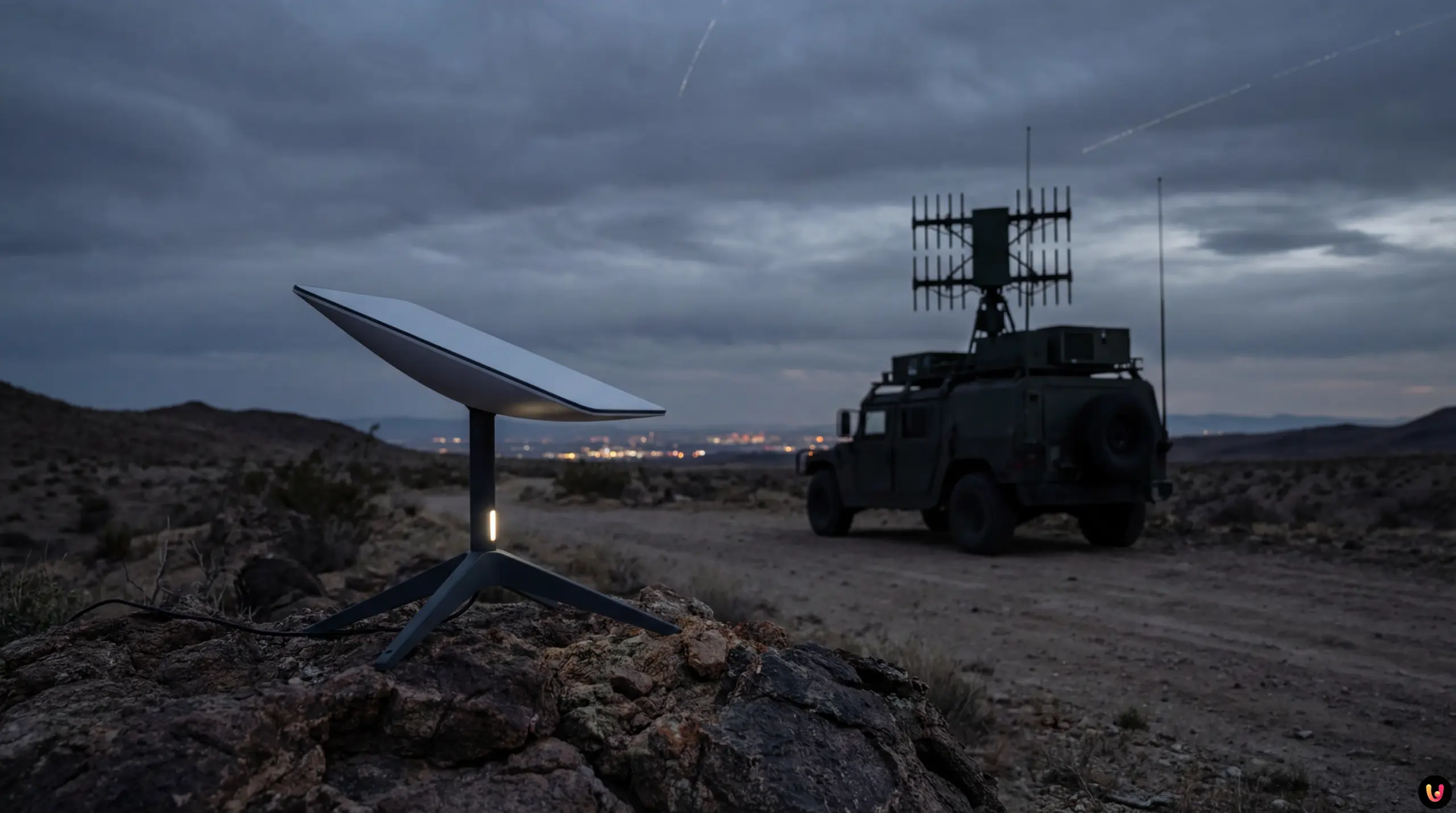 Illustrazione del segnale Starlink bloccato da interferenze jammer sopra la mappa dell'Iran