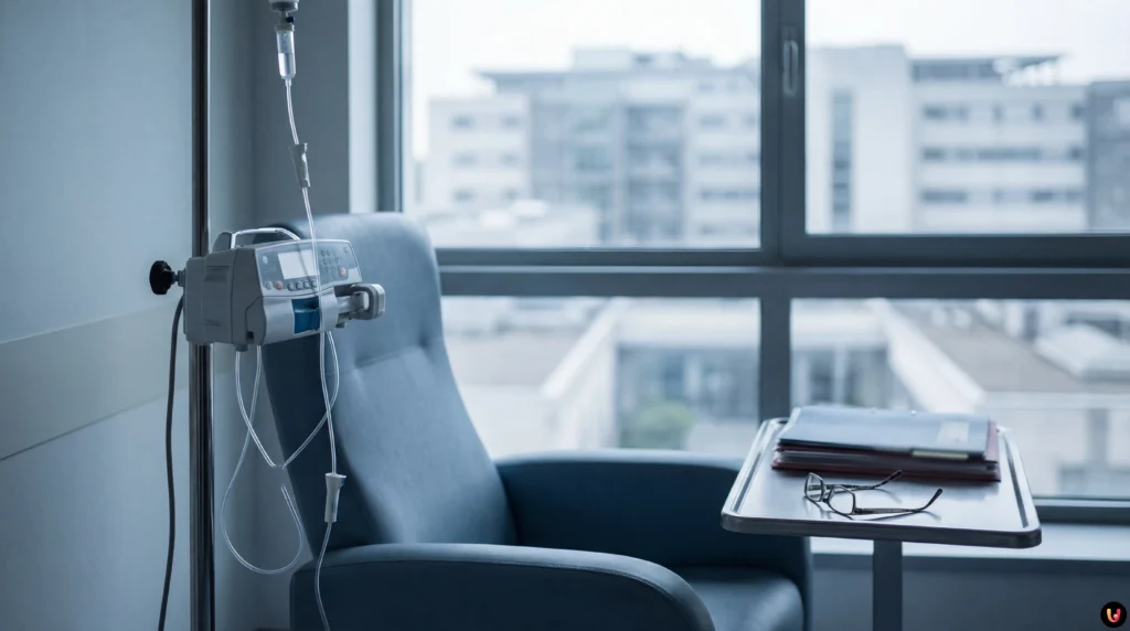Reparto ospedaliero con attrezzature mediche per chemioterapia e cure oncologiche