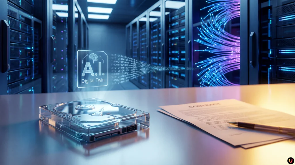 Primo piano di Khaby Lame e rappresentazione grafica del suo gemello digitale AI