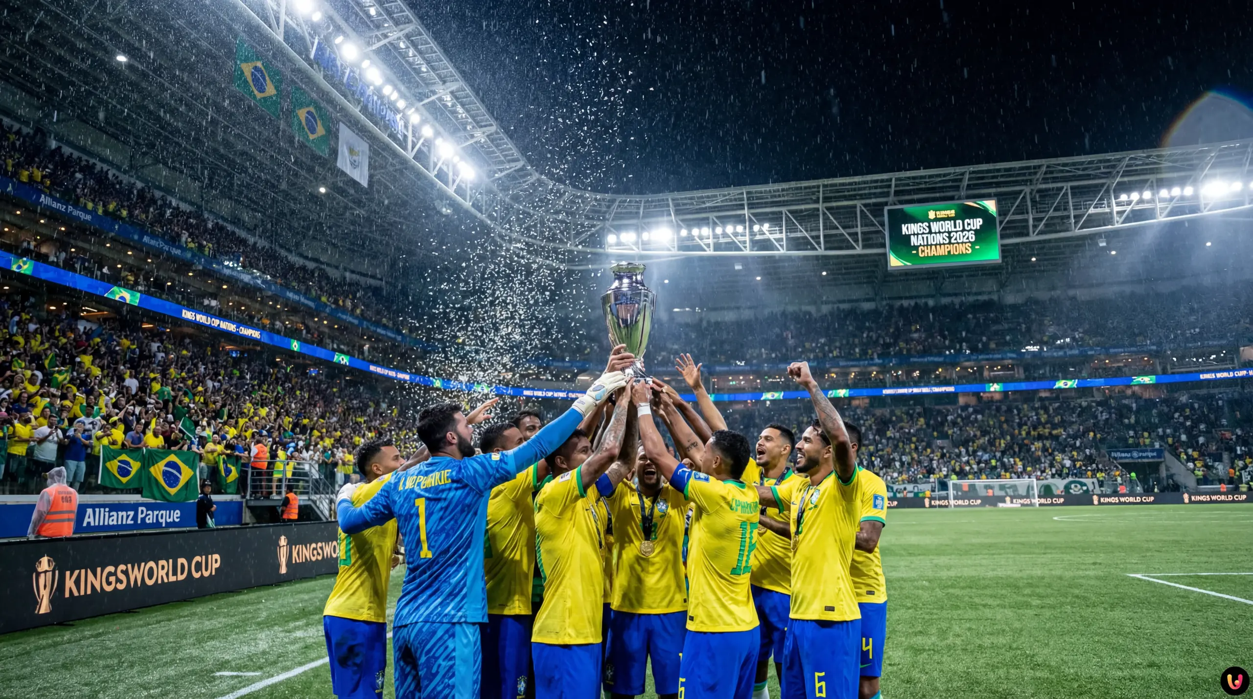 Giocatori del Brasile sollevano il trofeo Kings World Cup Nations 2026 sotto la pioggia