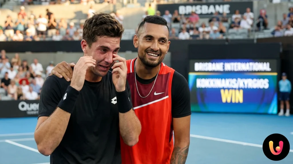 Kokkinakis e Kyrgios esultano al Brisbane International dopo la vittoria in doppio.