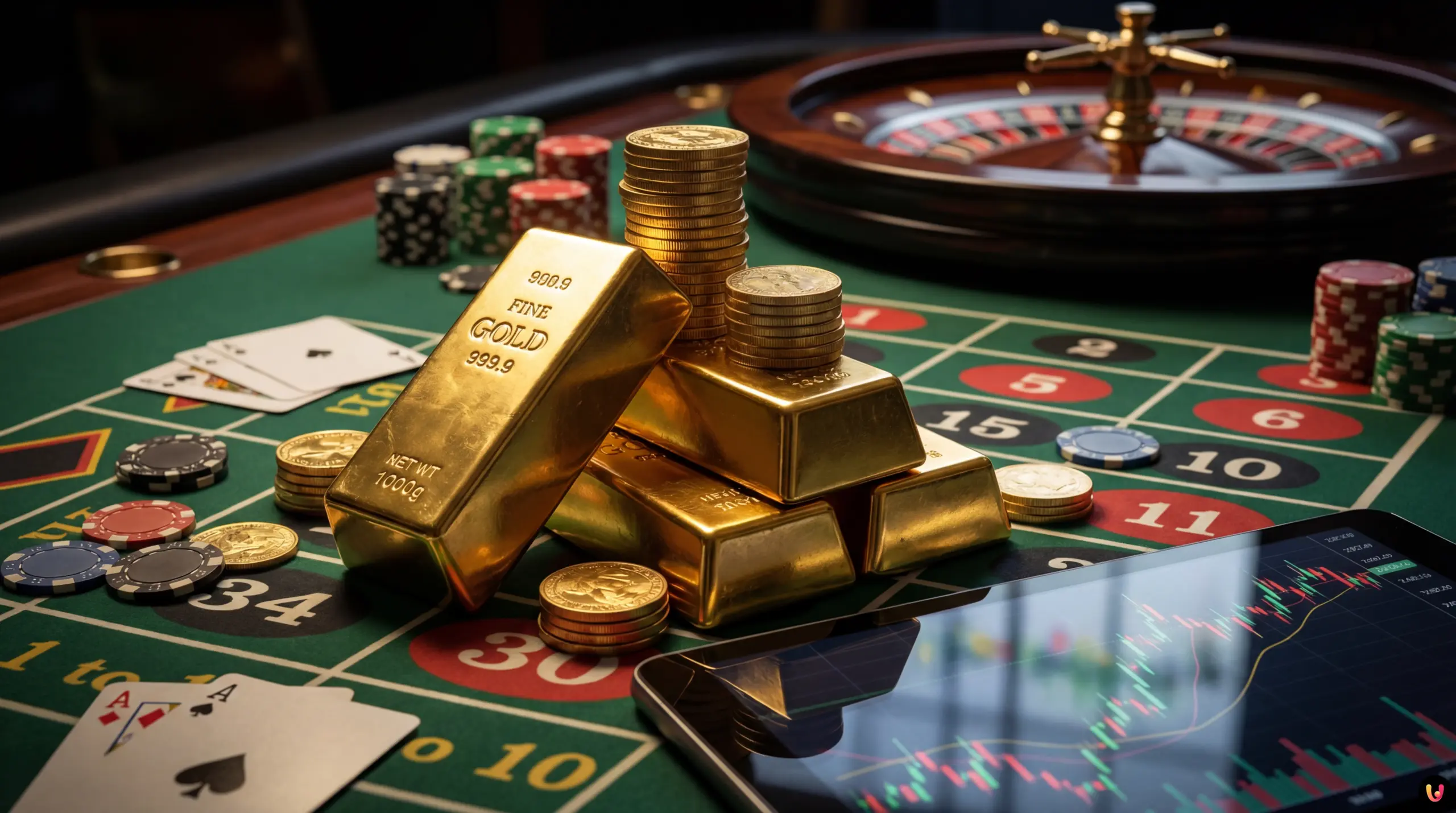 Goldbarren und M&uuml;nzen auf einem Spieltisch als Symbol f&uuml;r Marktrisiken