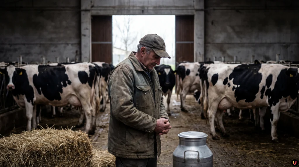 Interno di una stalla con mucche da latte in fila per la mungitura