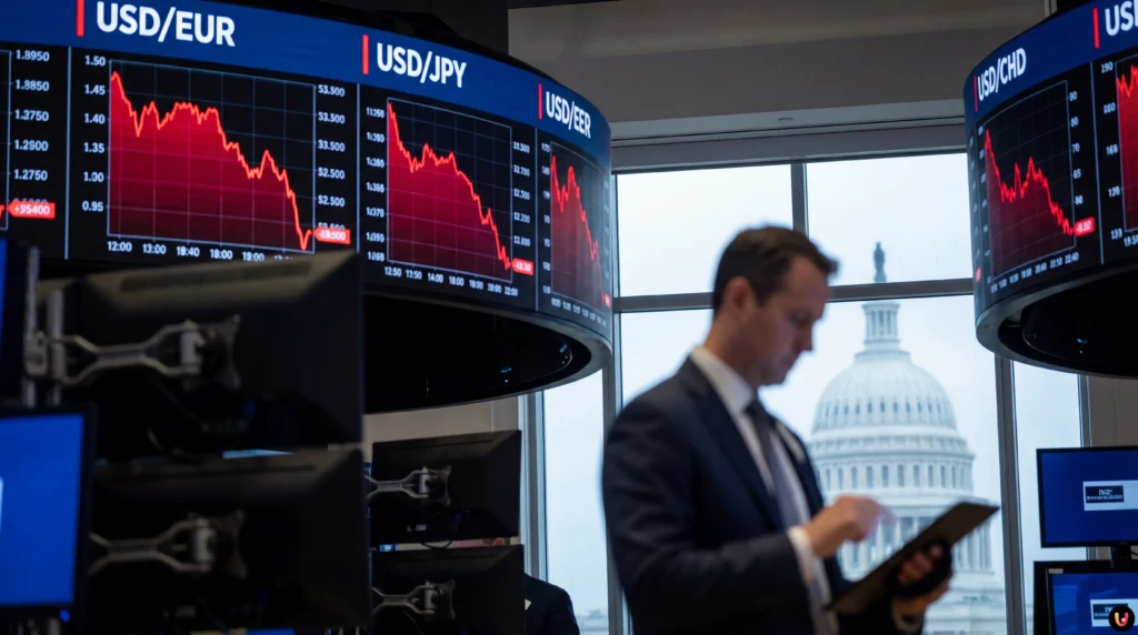 Le dollar US plonge : le « cauchemar politique » américain affole les marchés Graphique boursier en baisse illustrant la chute du dollar américain