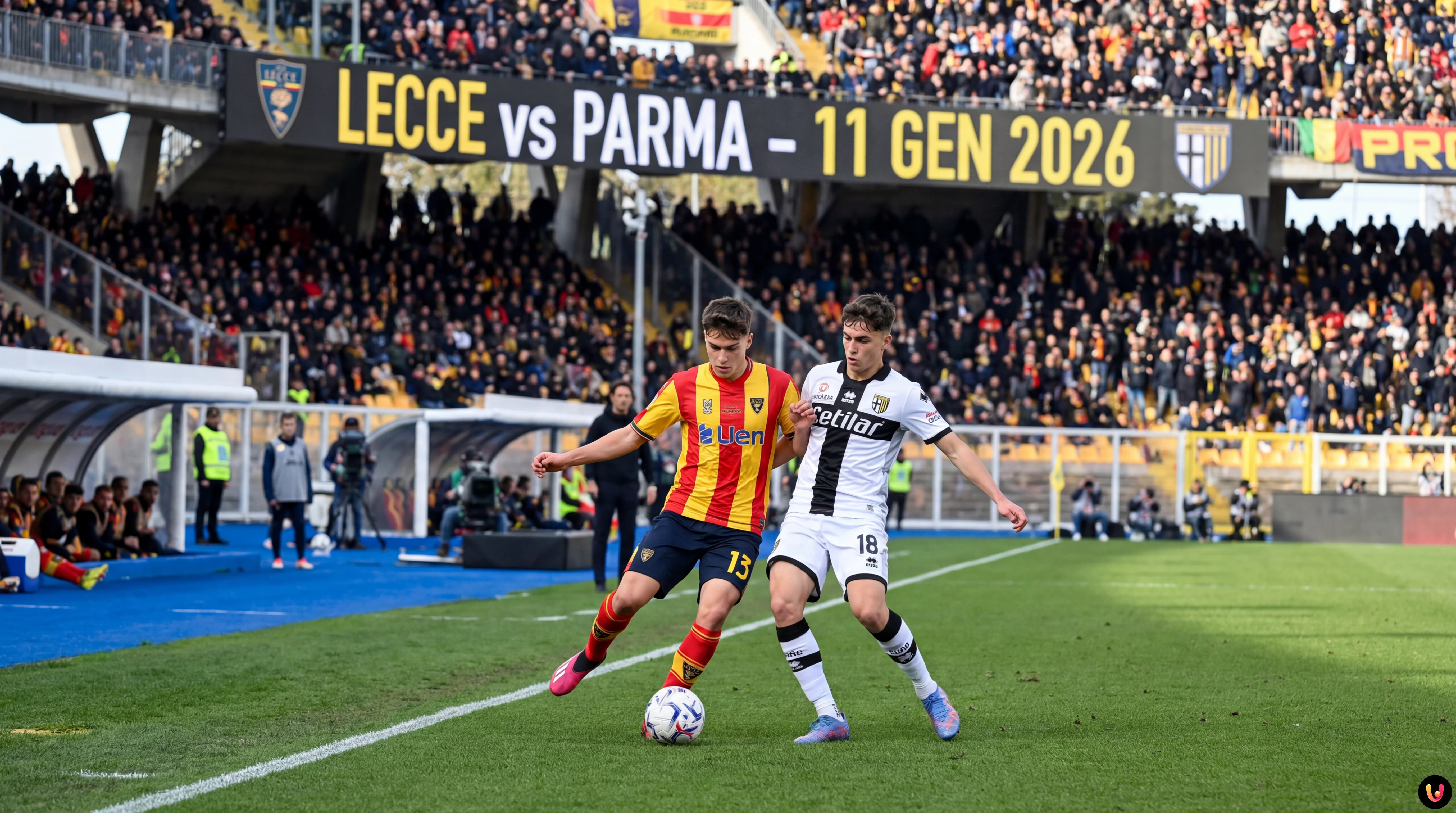 Francesco Camarda in maglia Lecce durante il riscaldamento pre-partita contro il Parma