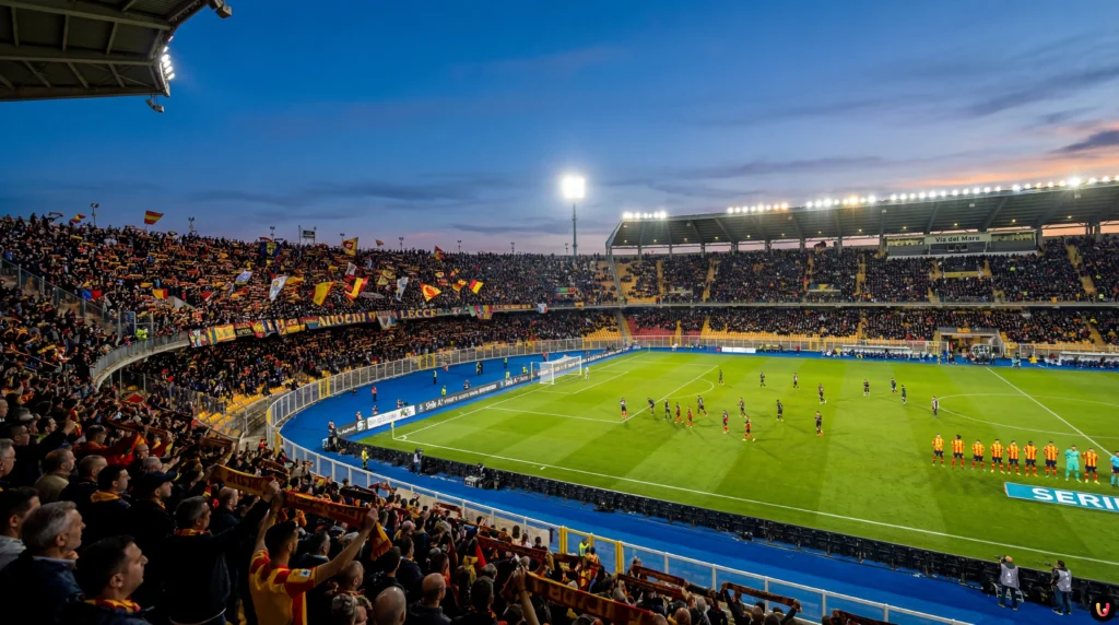 Squadre in campo allo stadio Via del Mare per la partita di Serie A Lecce-Roma