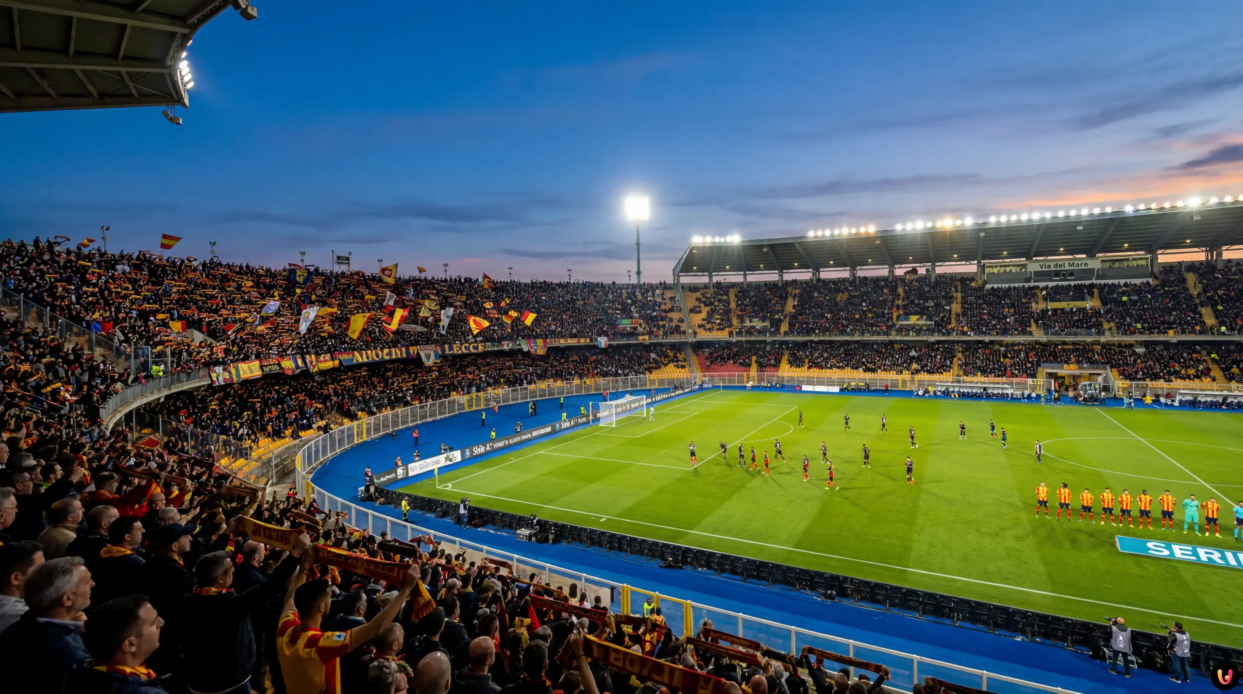 Squadre in campo allo stadio Via del Mare per la partita di Serie A Lecce-Roma
