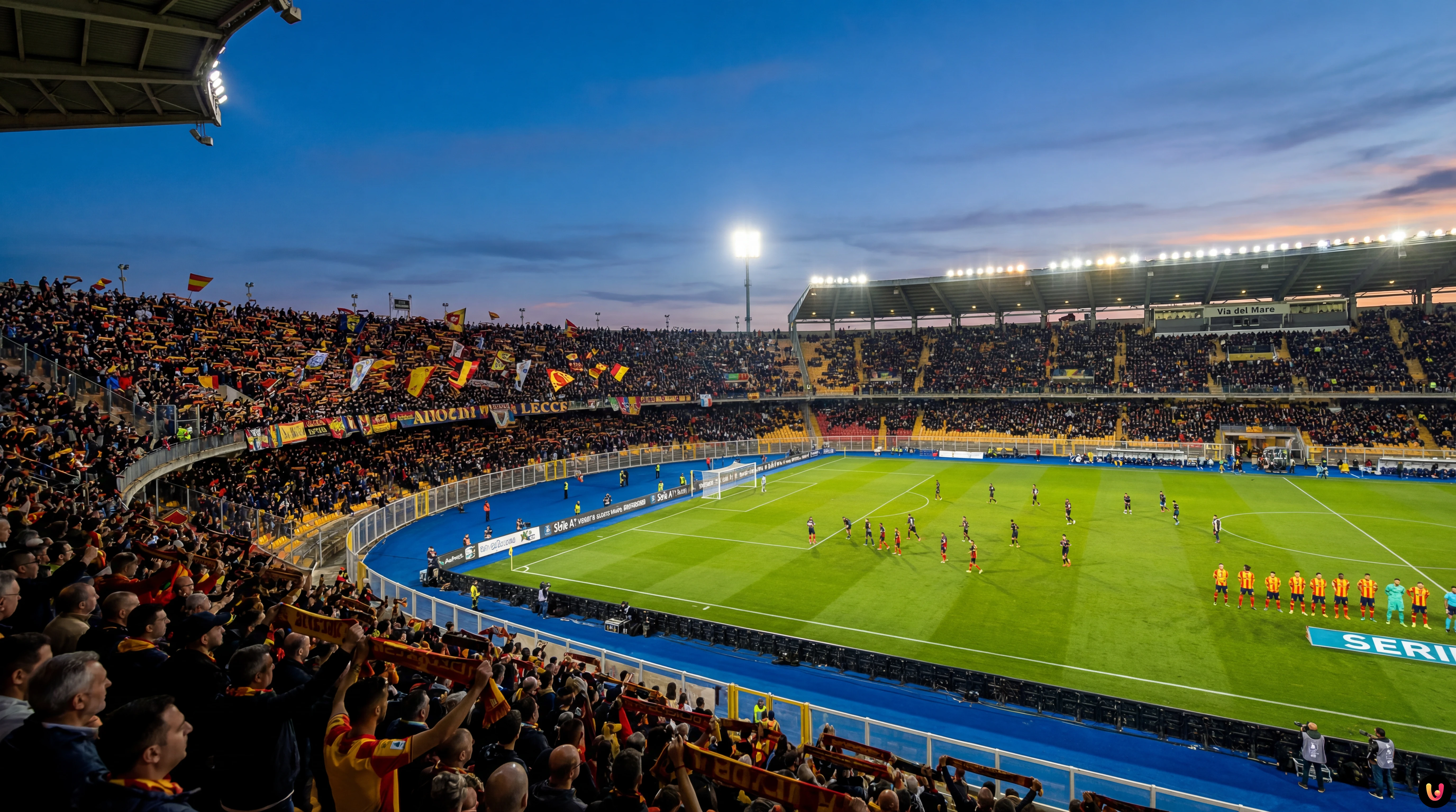 Squadre in campo allo stadio Via del Mare per la partita di Serie A Lecce-Roma