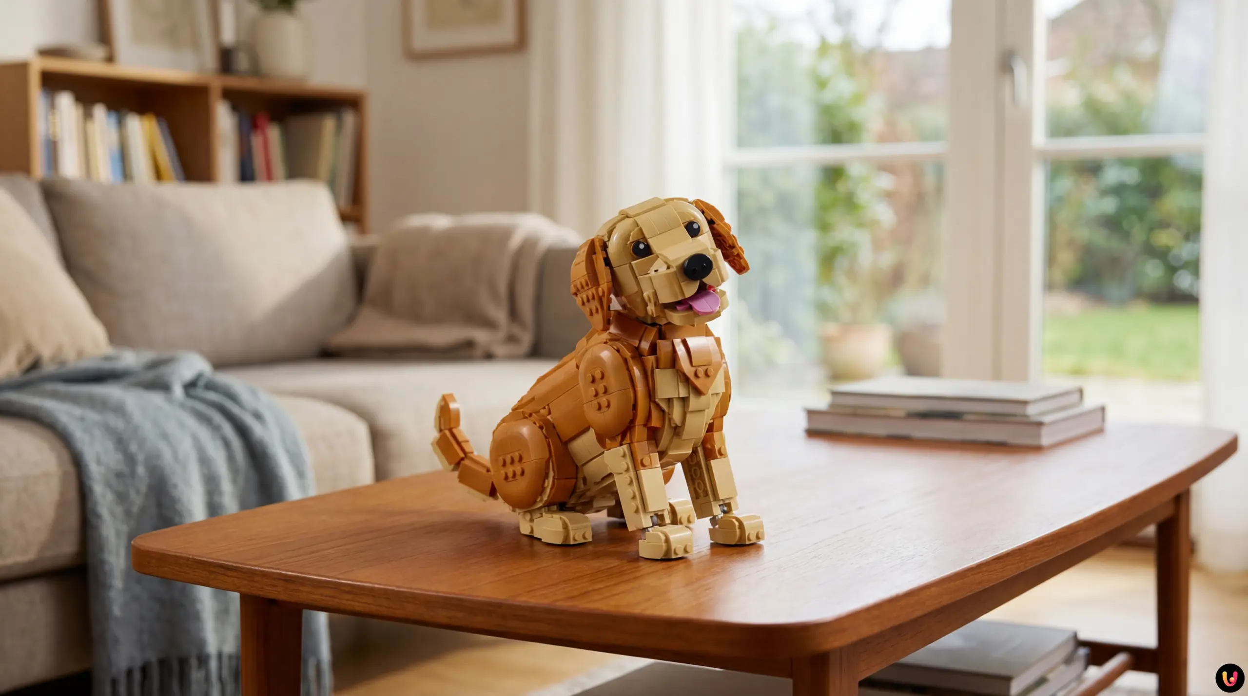 Built LEGO Golden Retriever Puppy 11384 sitting with a happy expression