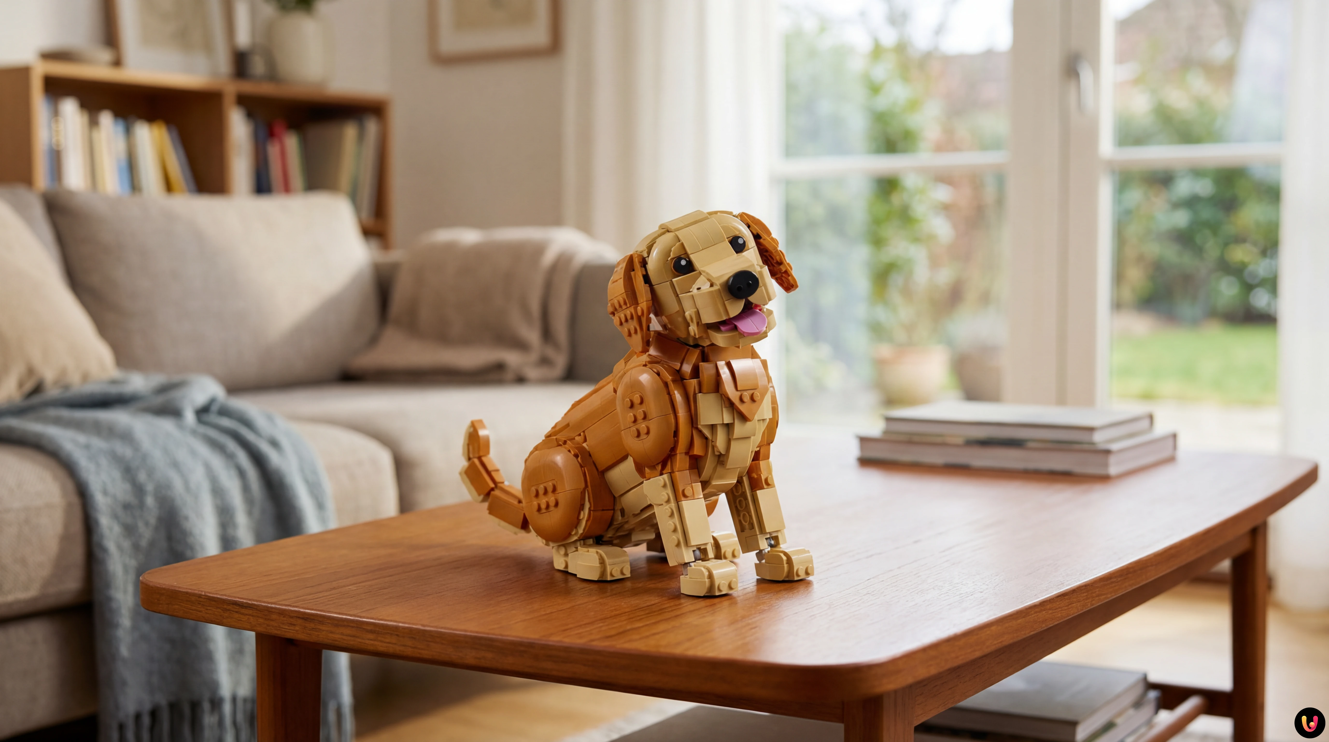 Built LEGO Golden Retriever Puppy 11384 sitting with a happy expression