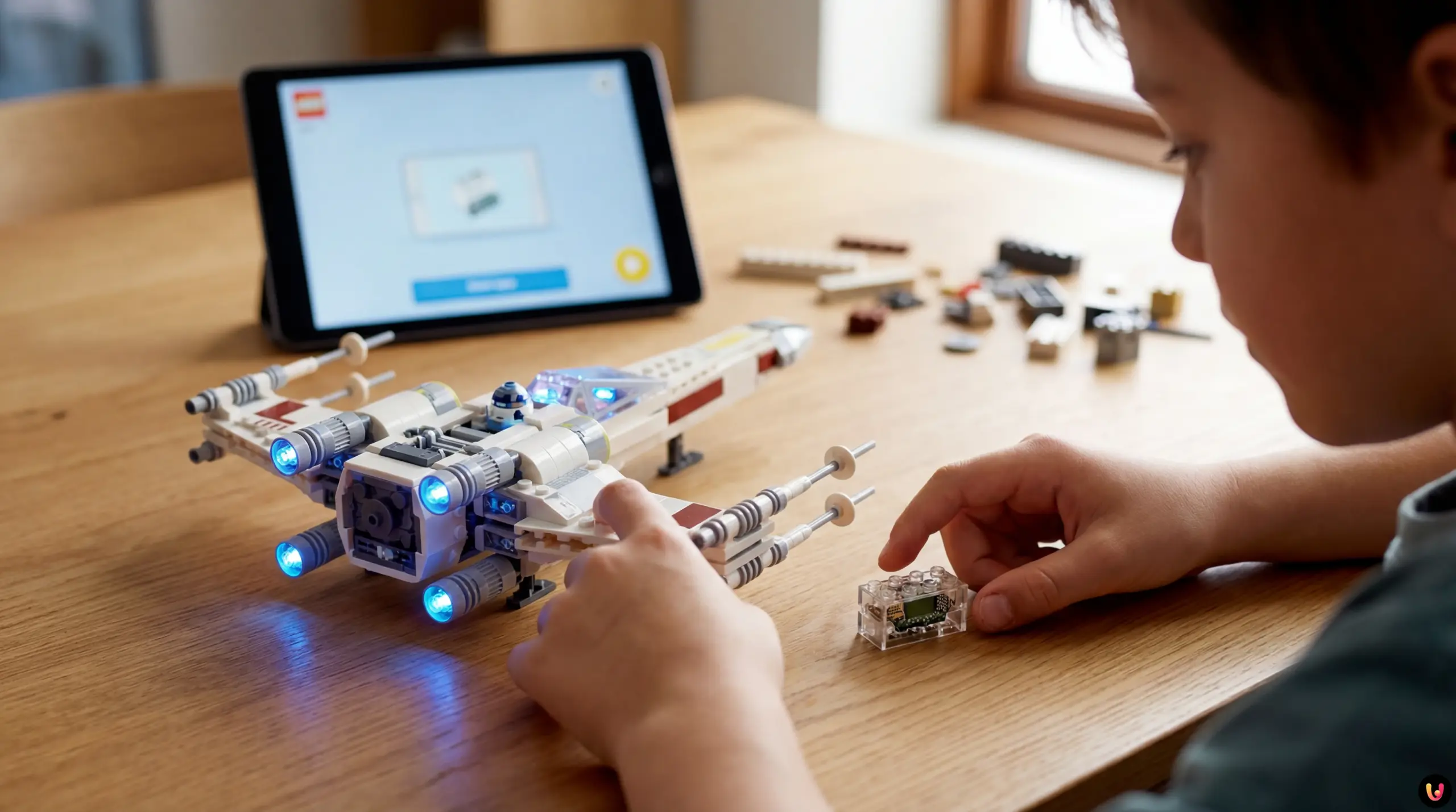 Lego Smart Play: il nuovo Mattoncino Intelligente AI Dettaglio del mattoncino Lego Smart Brick tecnologico con sensori e chip AI integrati