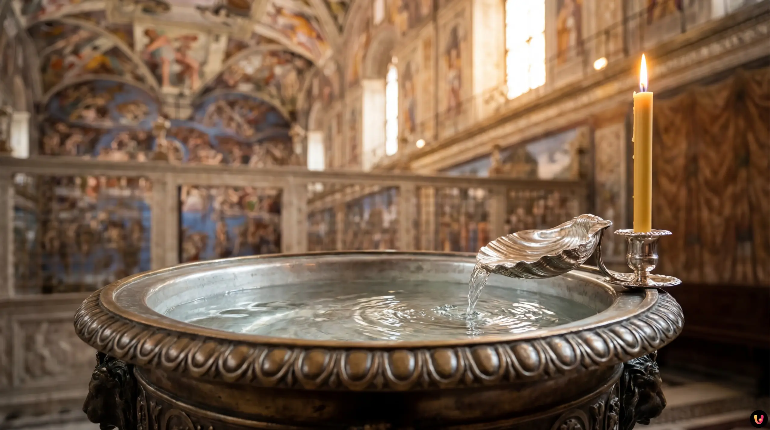 Le pape L&eacute;on XIV versant l'eau b&eacute;nite sur un b&eacute;b&eacute; lors de la messe &agrave; la chapelle Sixtine