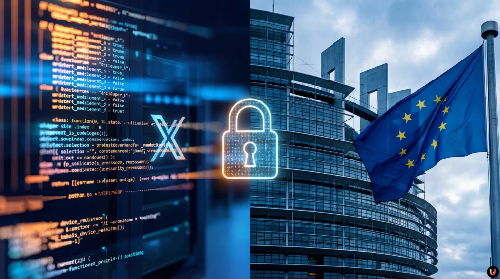 Grafica che mostra il logo di Grok AI e Elon Musk contro la bandiera europea