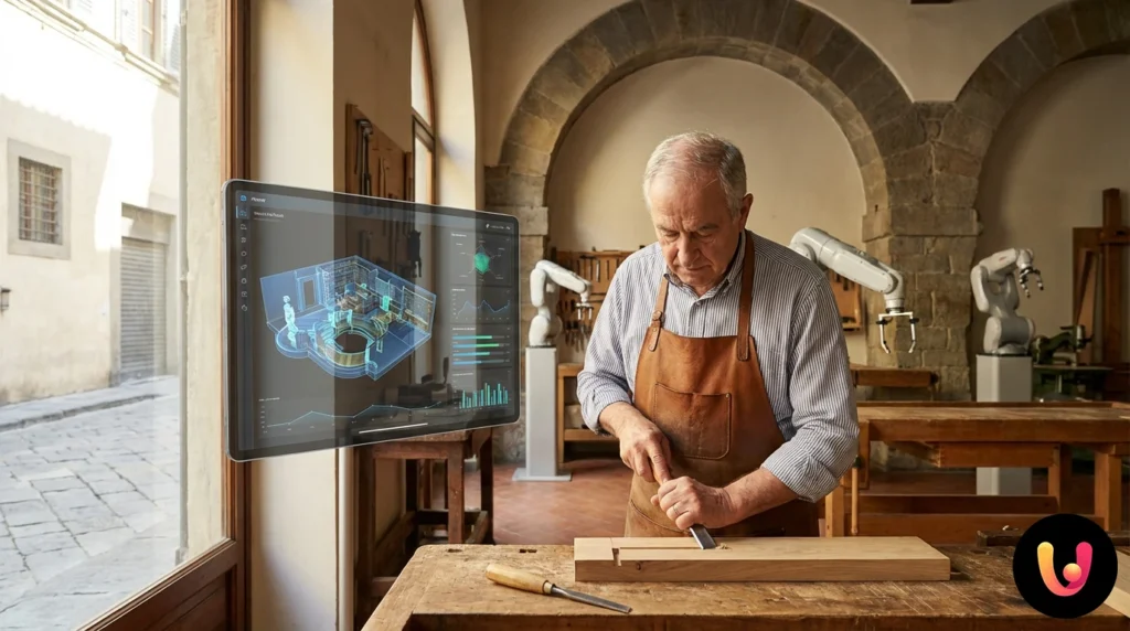 L’Italia Digitale del 2026: Tra Intelligenza Artificiale e Tradizione Mediterranea Artigiano italiano che utilizza tecnologie digitali avanzate in una bottega tradizionale