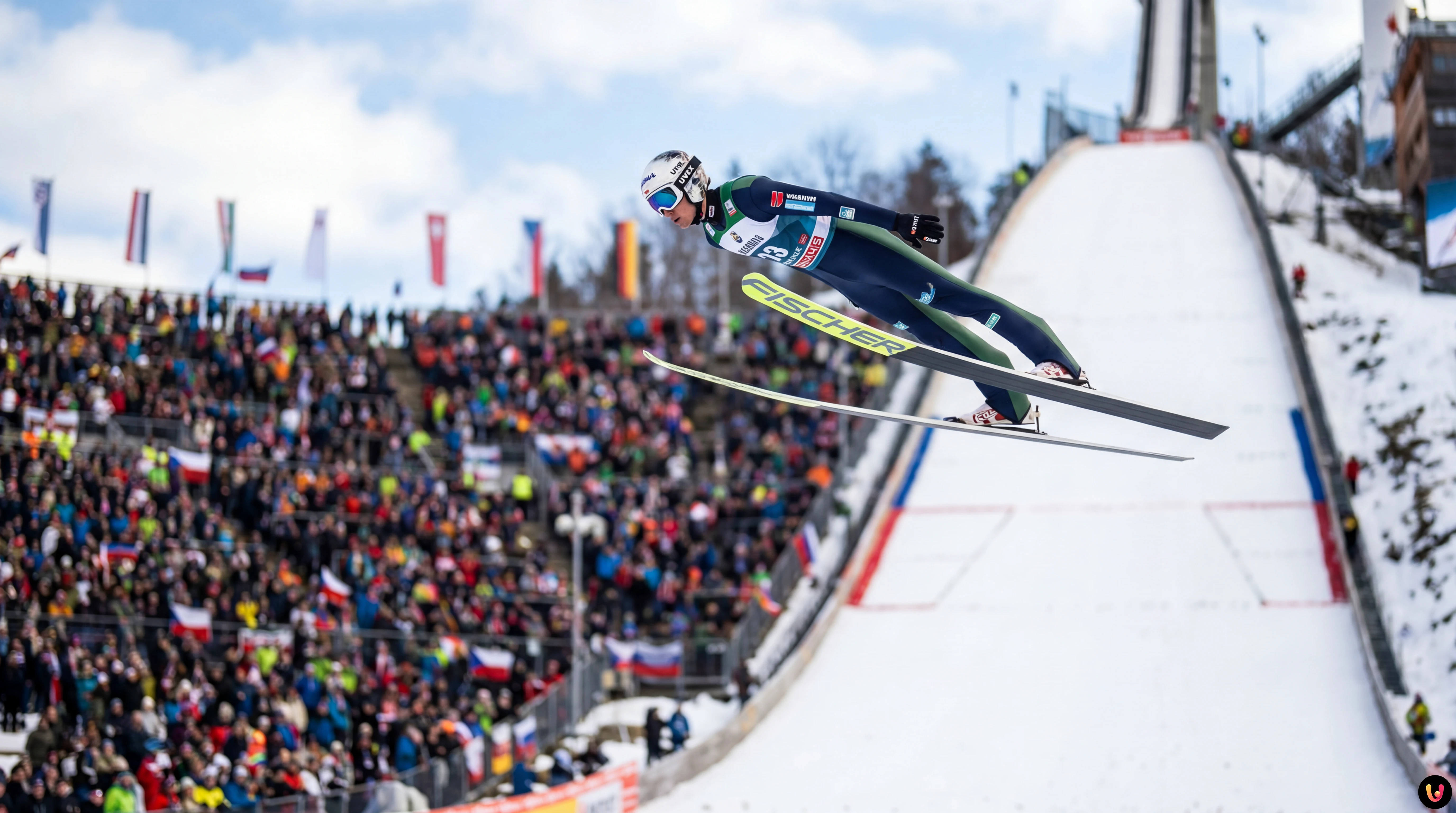 Domen Prevc Skiflug-WM 2026 Oberstdorf Domen Prevc in Flugposition über der Heini-Klopfer-Schanze