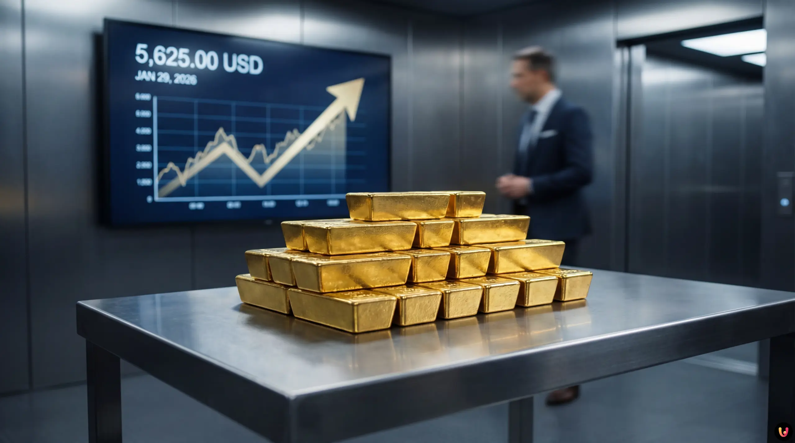 Oro record a 5600 dollari: grafico quotazioni 2026 Grafico finanziario in salita che mostra la quotazione dell'oro a 5.600 dollari.