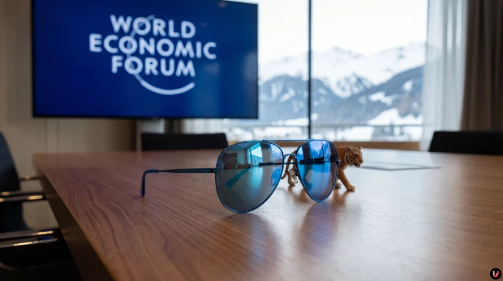 Macron’s Sunglasses at Davos: Medical Necessity or Diplomatic Statement? Emmanuel Macron wearing blue mirrored aviator sunglasses indoors at the World Economic Forum.