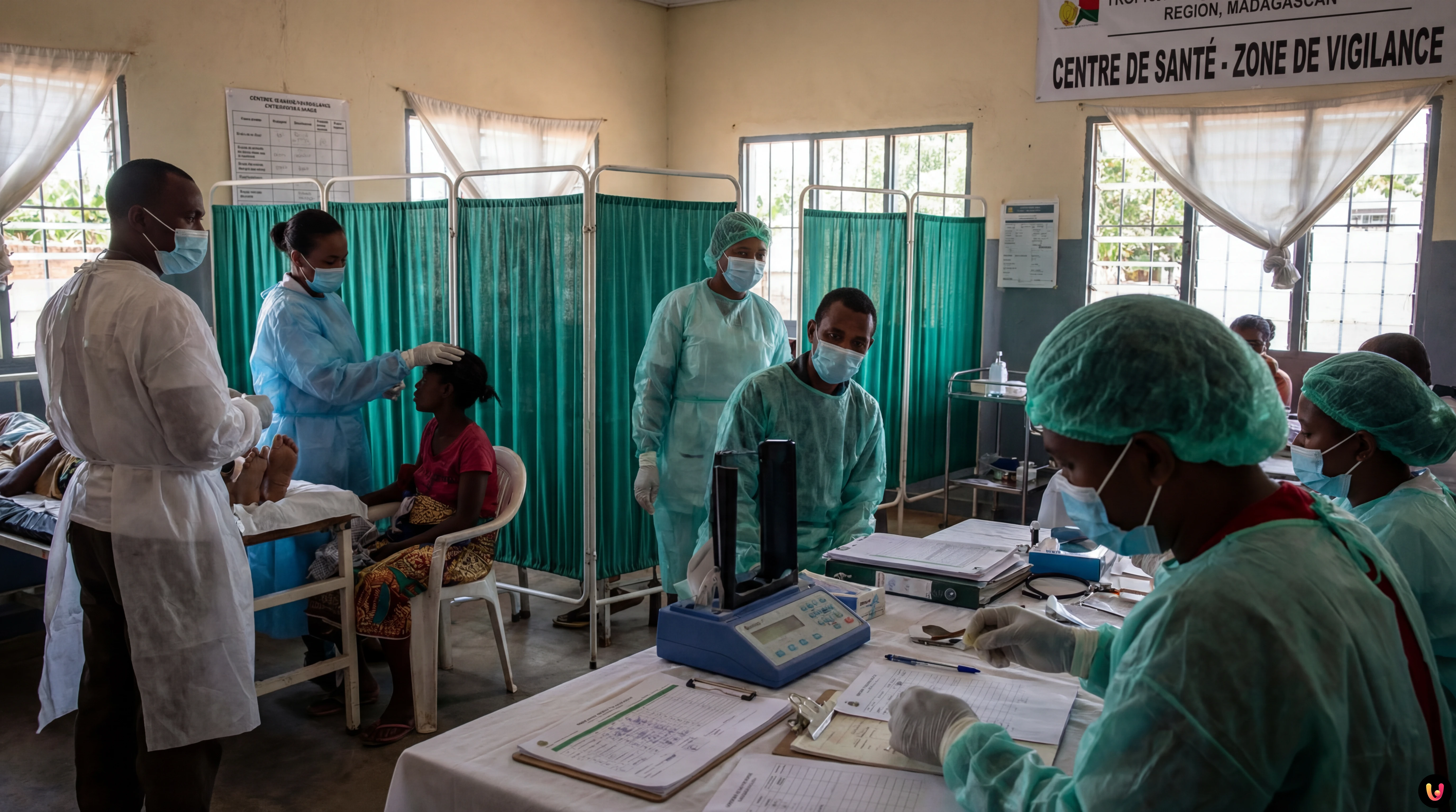 Illustrazione virus Mpox e mappa del Madagascar con allerta sanitaria