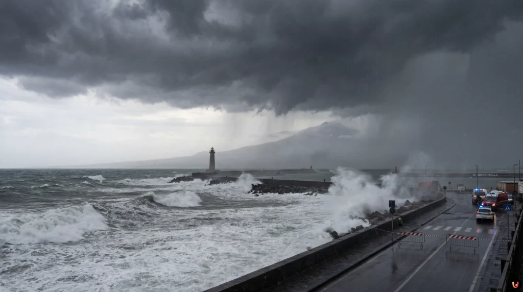 Panorama di Catania sotto nubi minacciose e pioggia battente