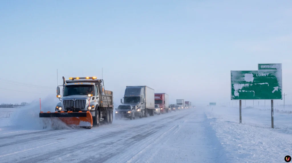 Manitoba Highways Begin to Reopen After Severe Winter Storm, Though Key Routes Remain Closed Snow-covered Manitoba highway with reduced visibility during winter storm recovery