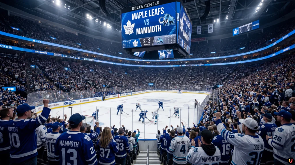 Maple Leafs vs Mammoth : Le duel qui enflamme la LNH et les recherches Joueurs des Maple Leafs et du Utah Mammoth en action sur la glace du Delta Center.