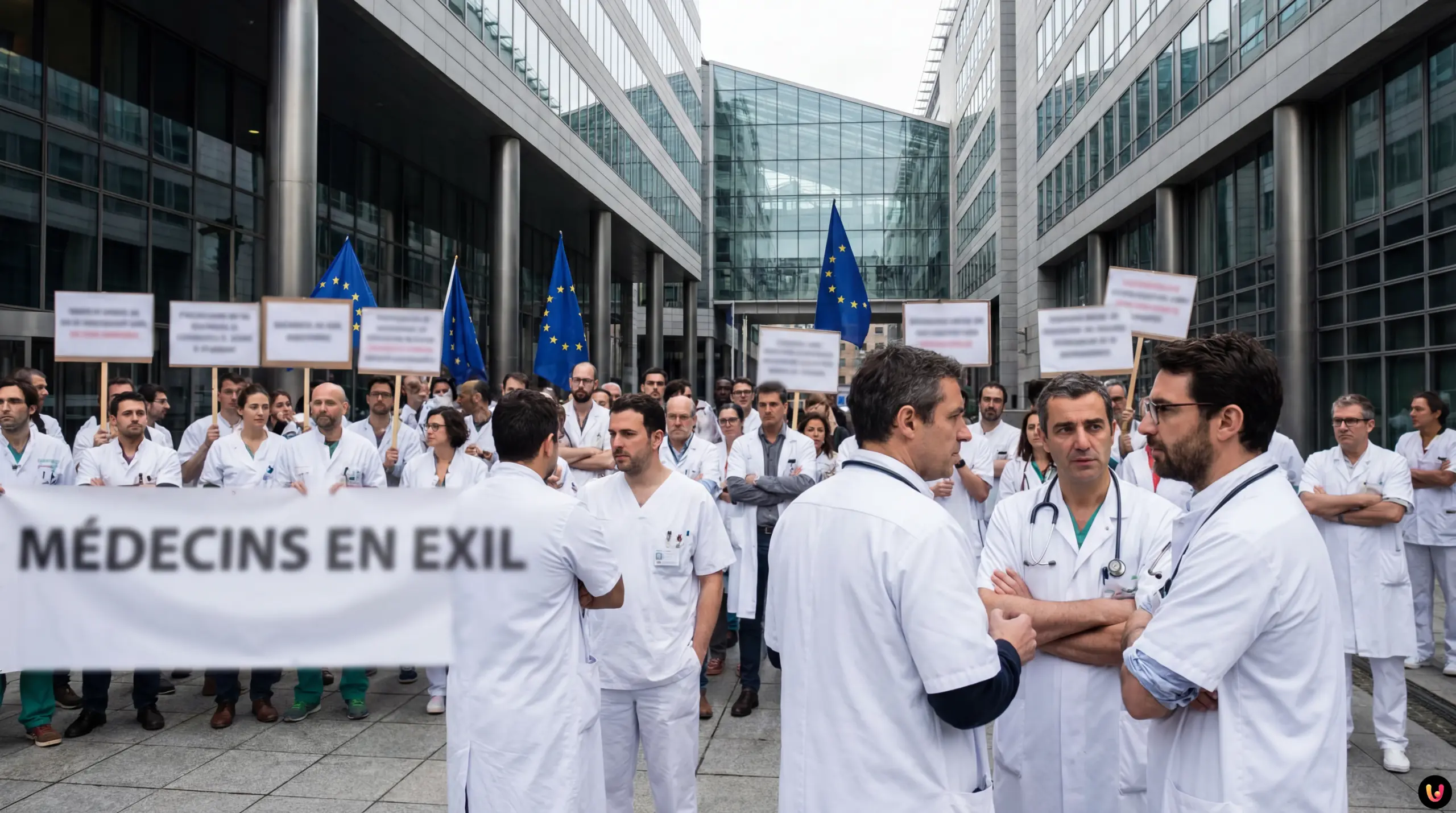 M&eacute;decins fran&ccedil;ais en blouse blanche r&eacute;unis &agrave; Bruxelles pour la gr&egrave;ve.
