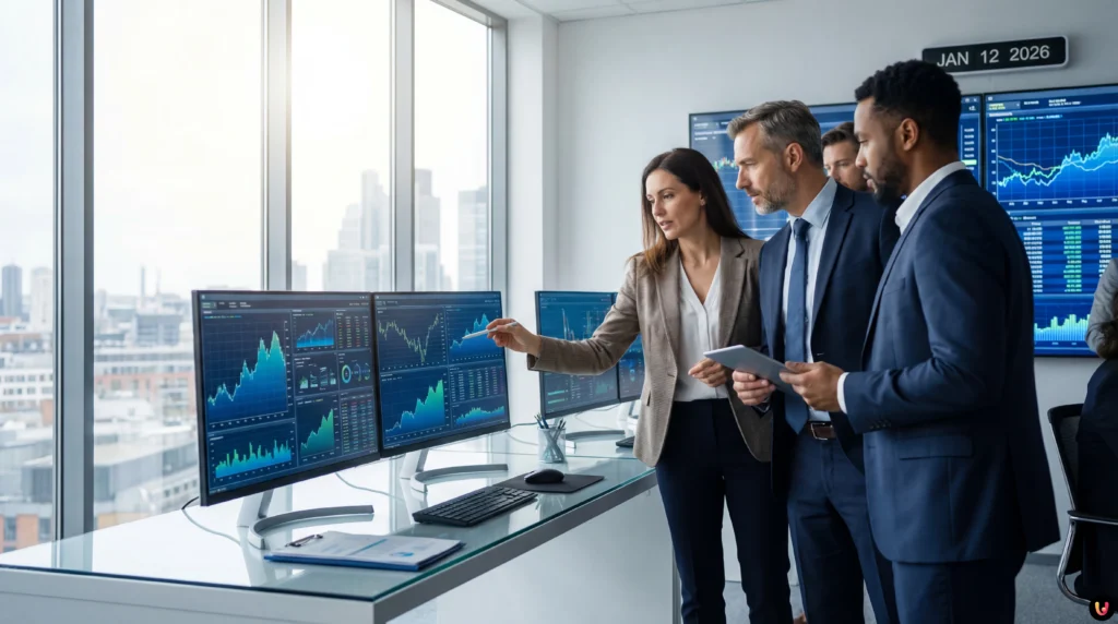 Mercati 2026: previsioni e investimenti dopo un 2025 record Grafico rialzista borsa valori con simboli percentuali e analisi trend finanziari 2026