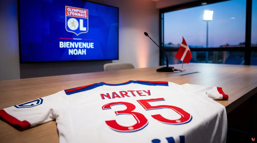Mercato OL : Noah Nartey, la pépite danoise, signe à Lyon ! Noah Nartey pose avec le maillot de l'Olympique Lyonnais