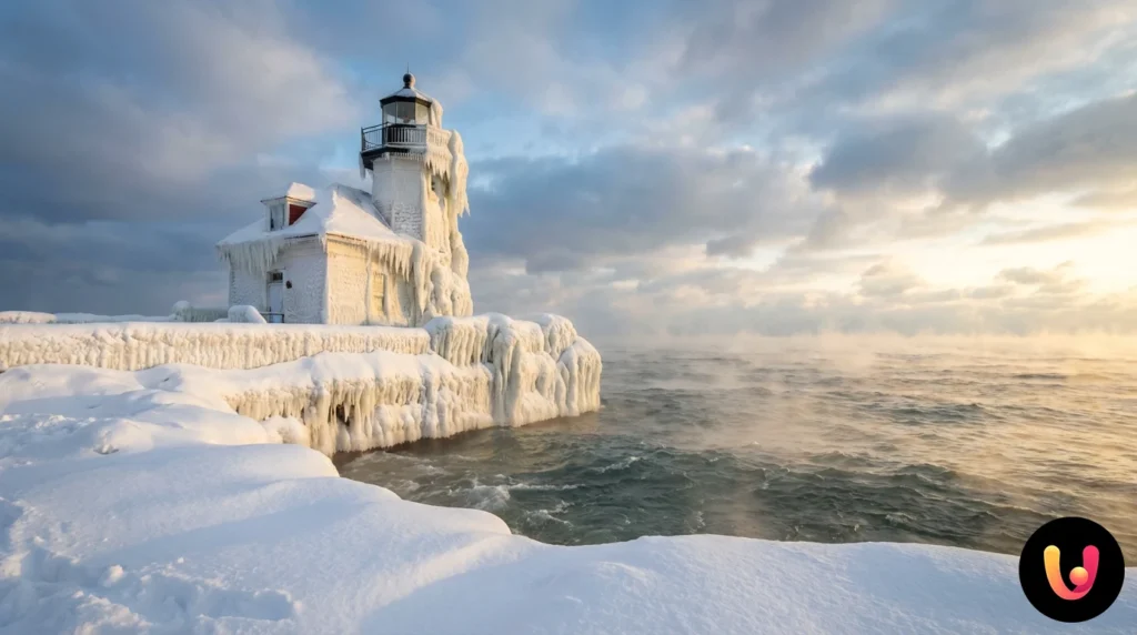 Faro sul Lago Michigan completamente ricoperto di ghiaccio e neve dopo la tempesta invernale