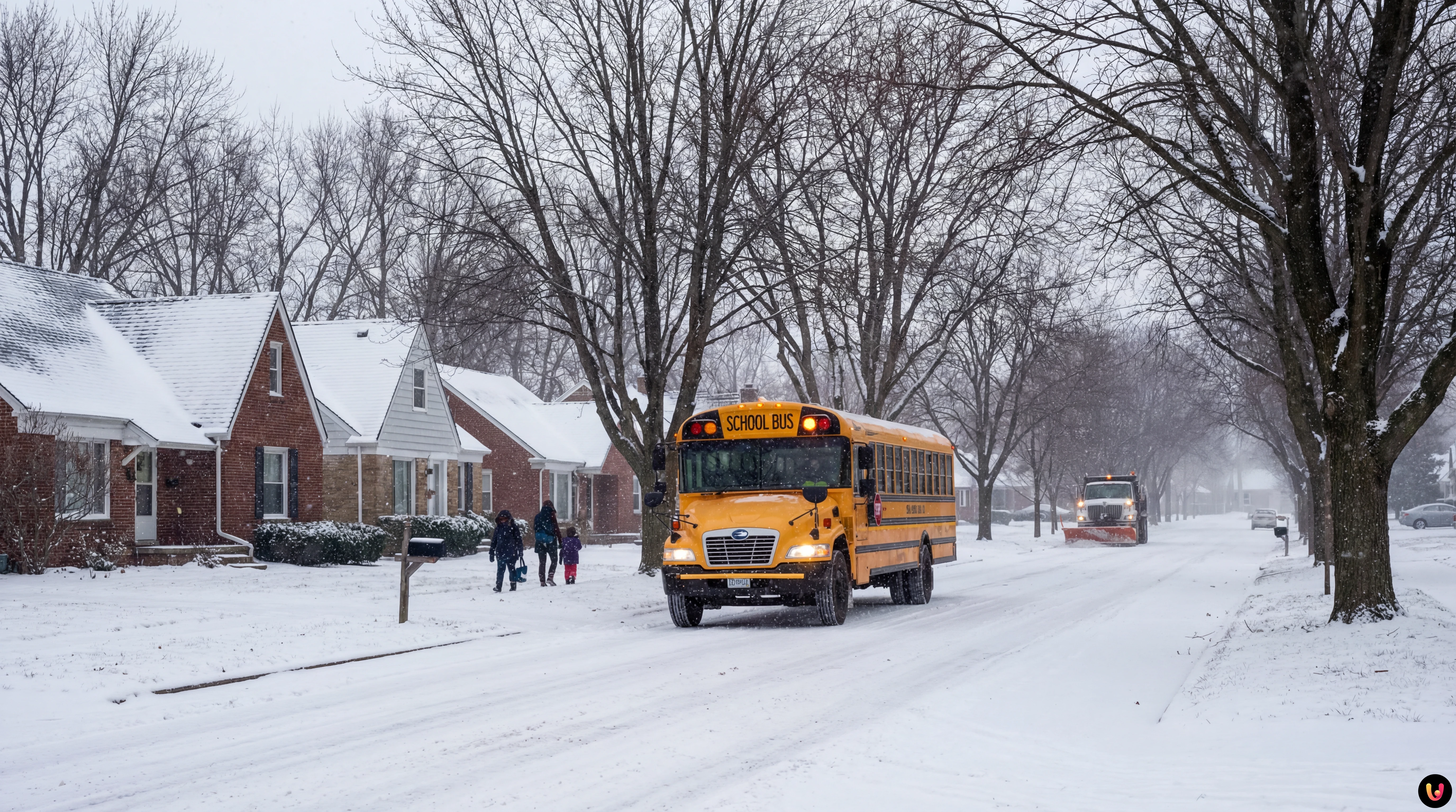 Yellow school bus driving on snowy Metro Detroit roads during a winter weather advisory.