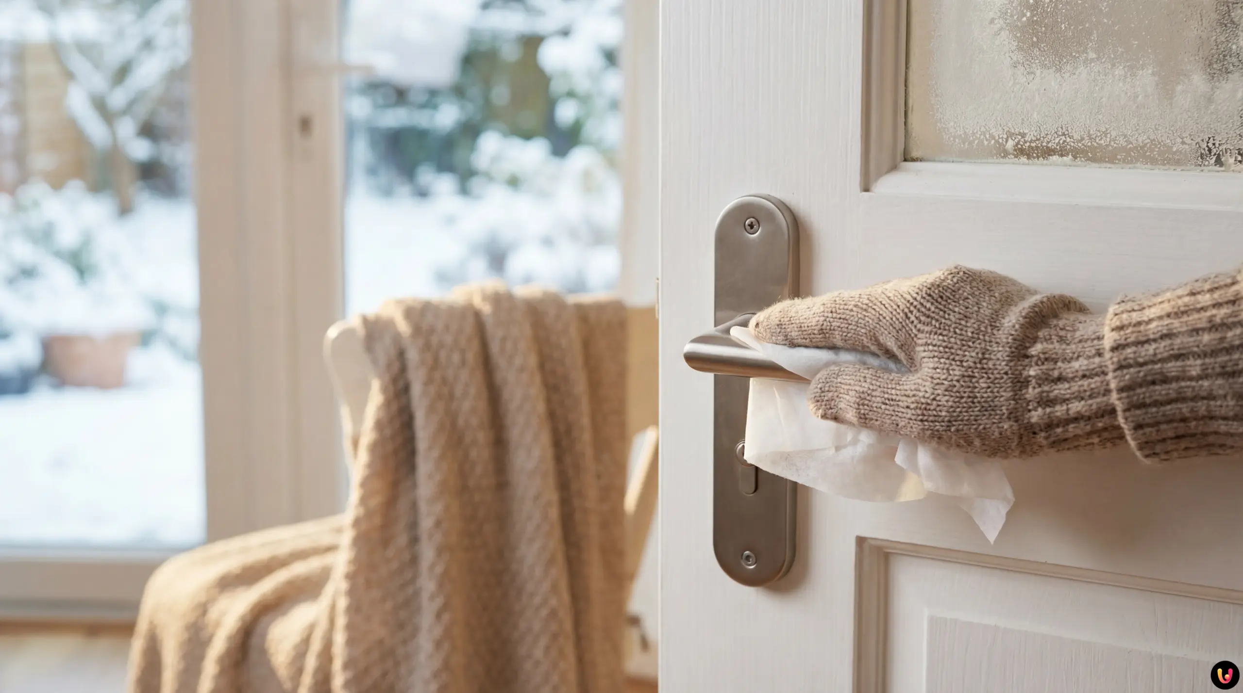 Nettoyage d'une poign&eacute;e de porte avec un chiffon et un produit d&eacute;sinfectant
