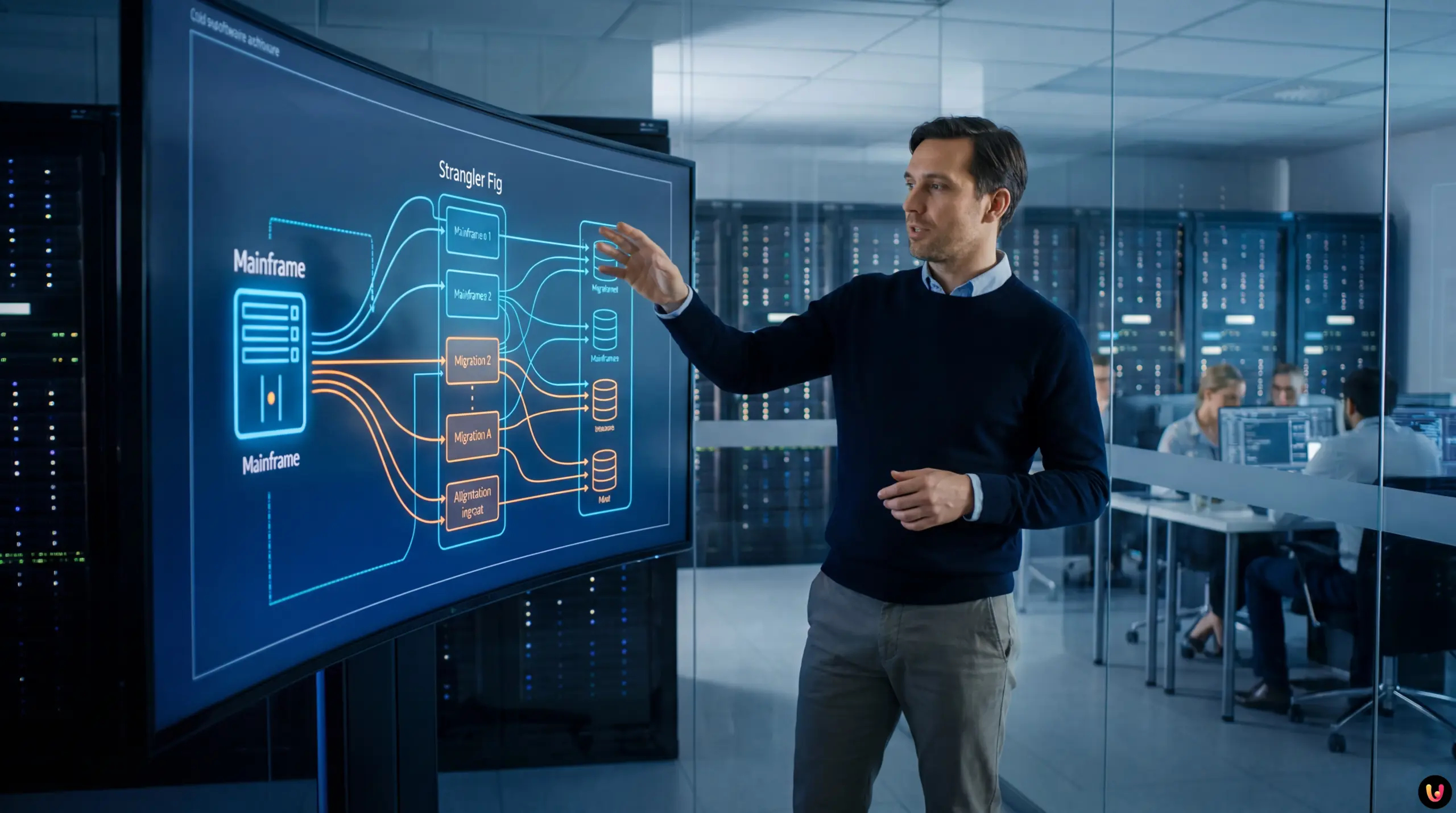 Diagramma architettura Strangler Fig che sostituisce mainframe legacy con microservizi