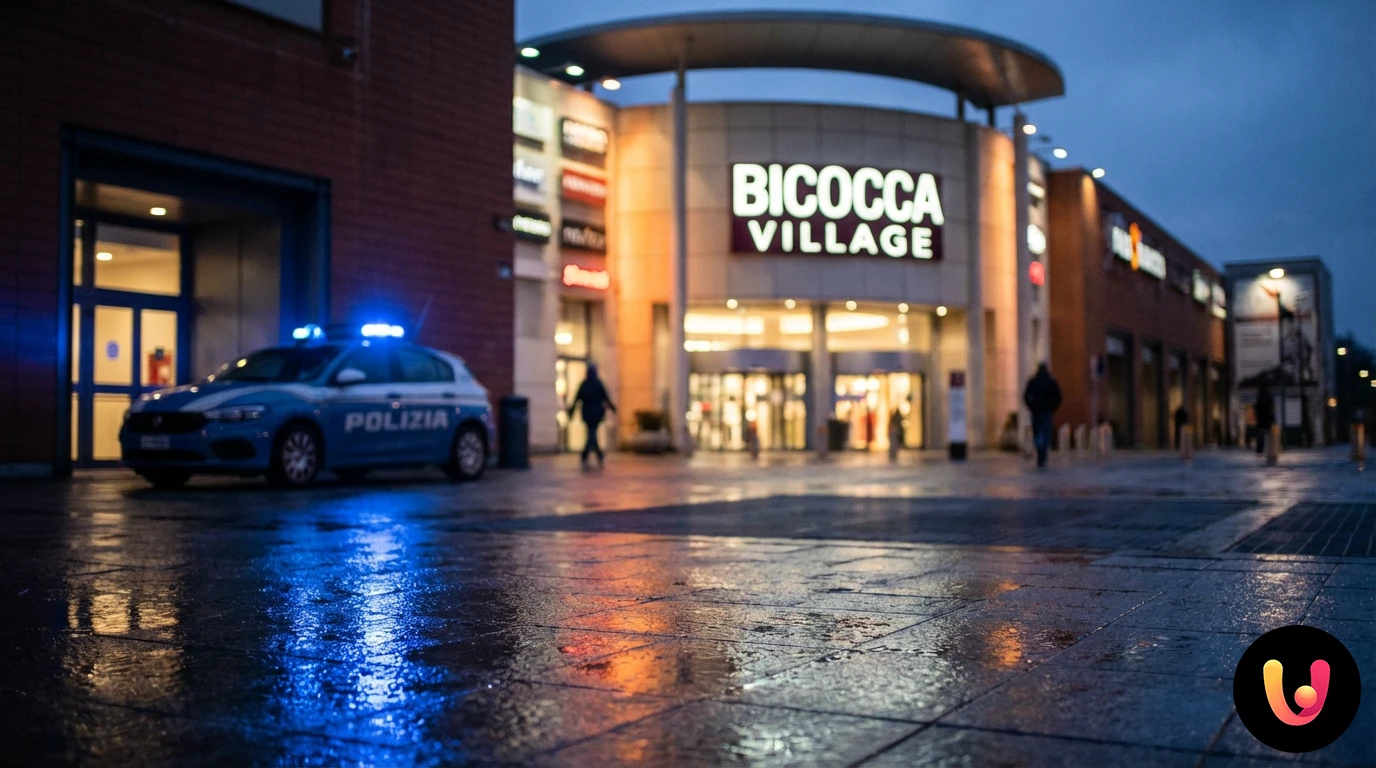 Esterno del Bicocca Village a Milano con auto dei Carabinieri dopo l'accoltellamento