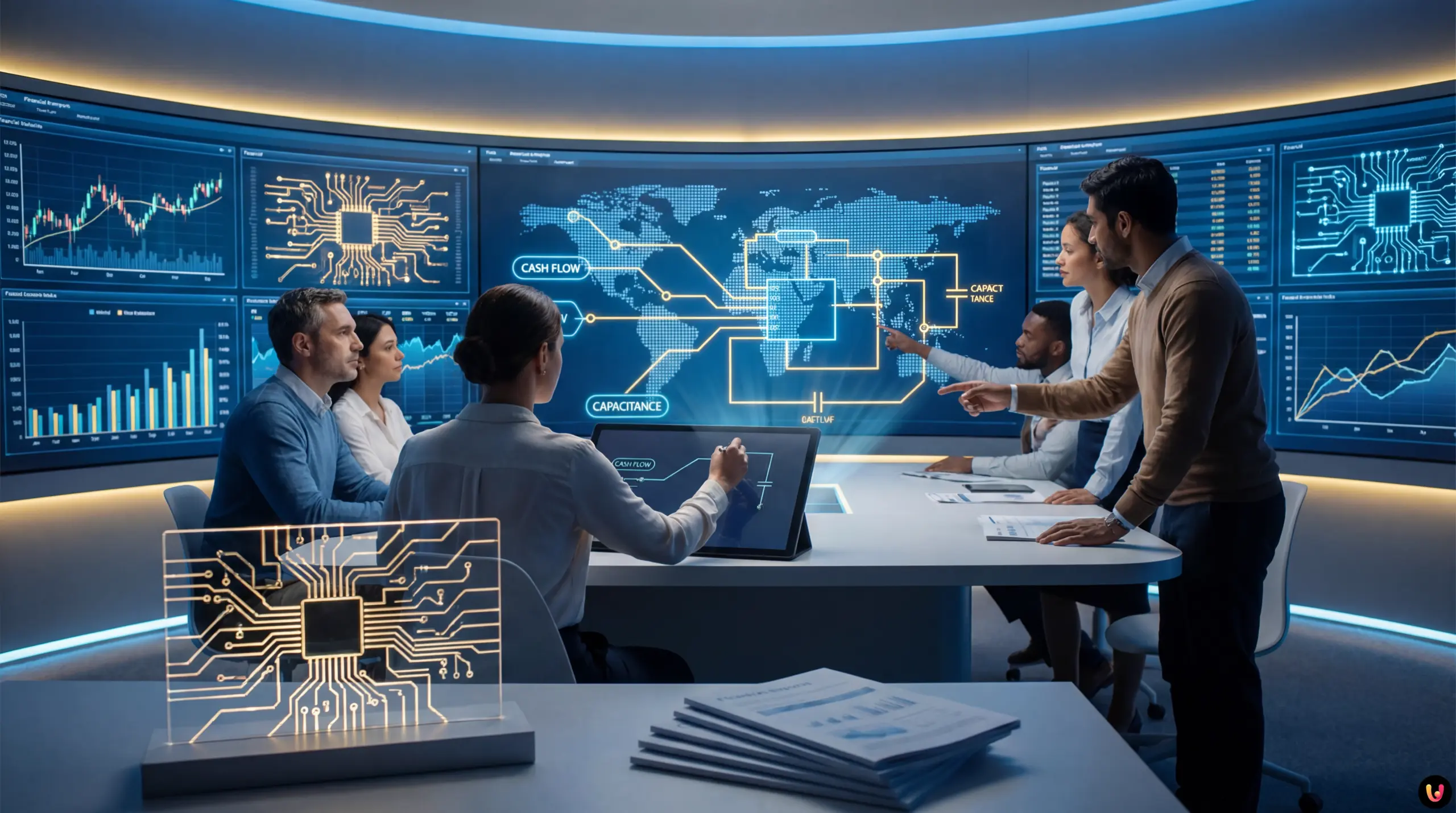 Digitale Grafik, die elektronische Schaltkreise und Geldströme für Fintech-Modellierung verschmilzt.