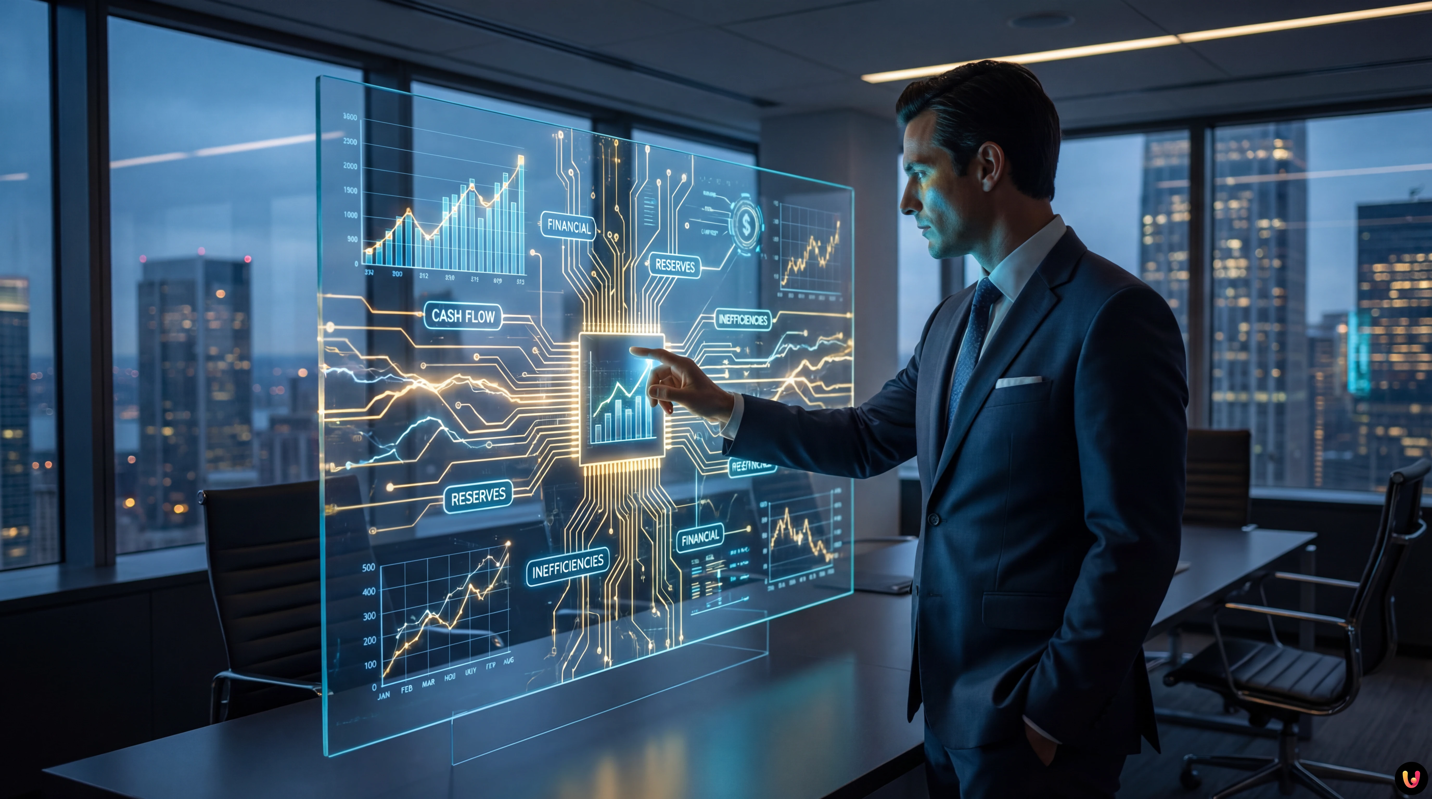 Grafico finanziario che si fonde con un circuito elettronico luminoso su sfondo scuro