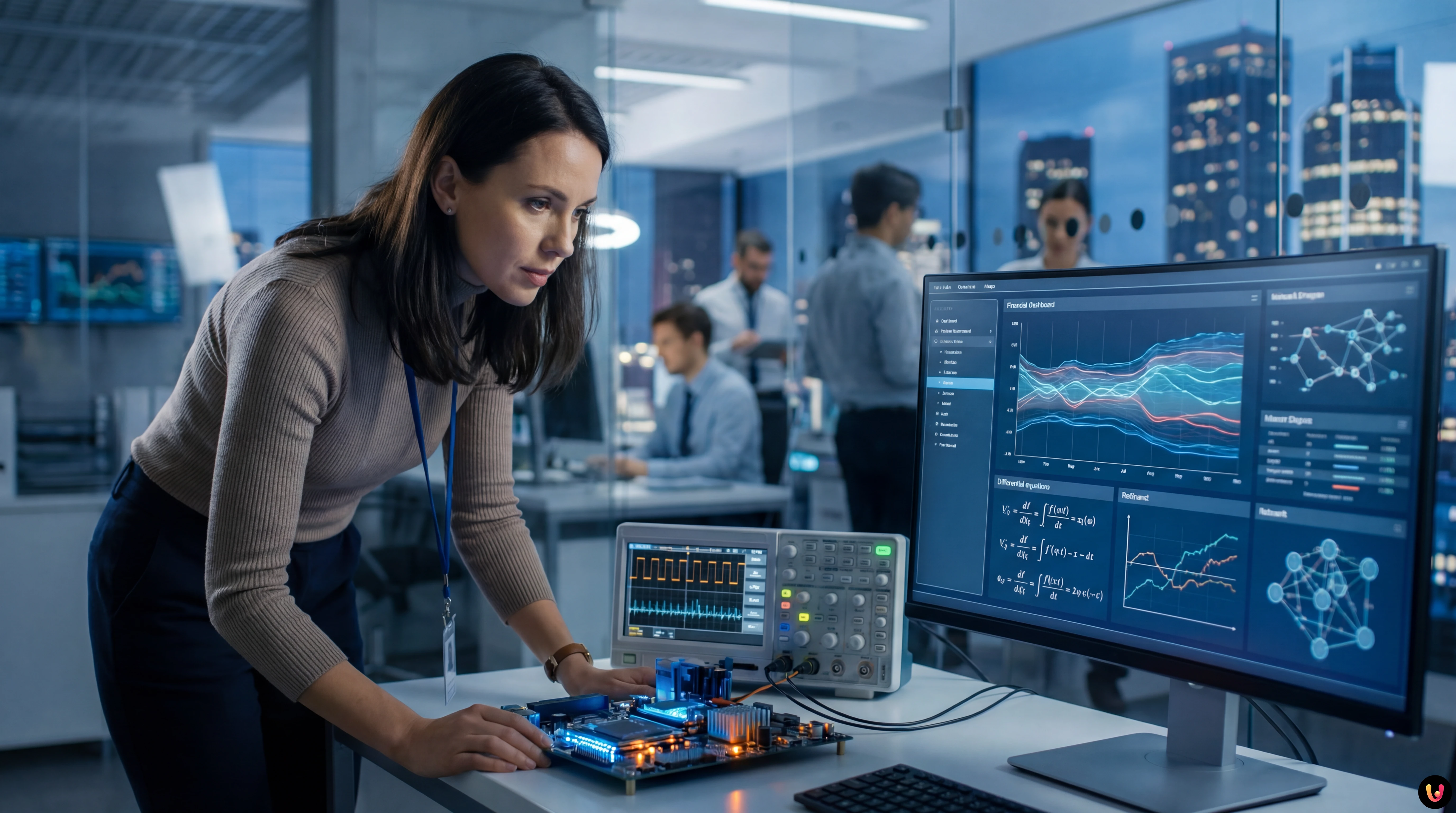 Schema circuito elettrico RLC sovrapposto a grafici finanziari di un'azienda fintech