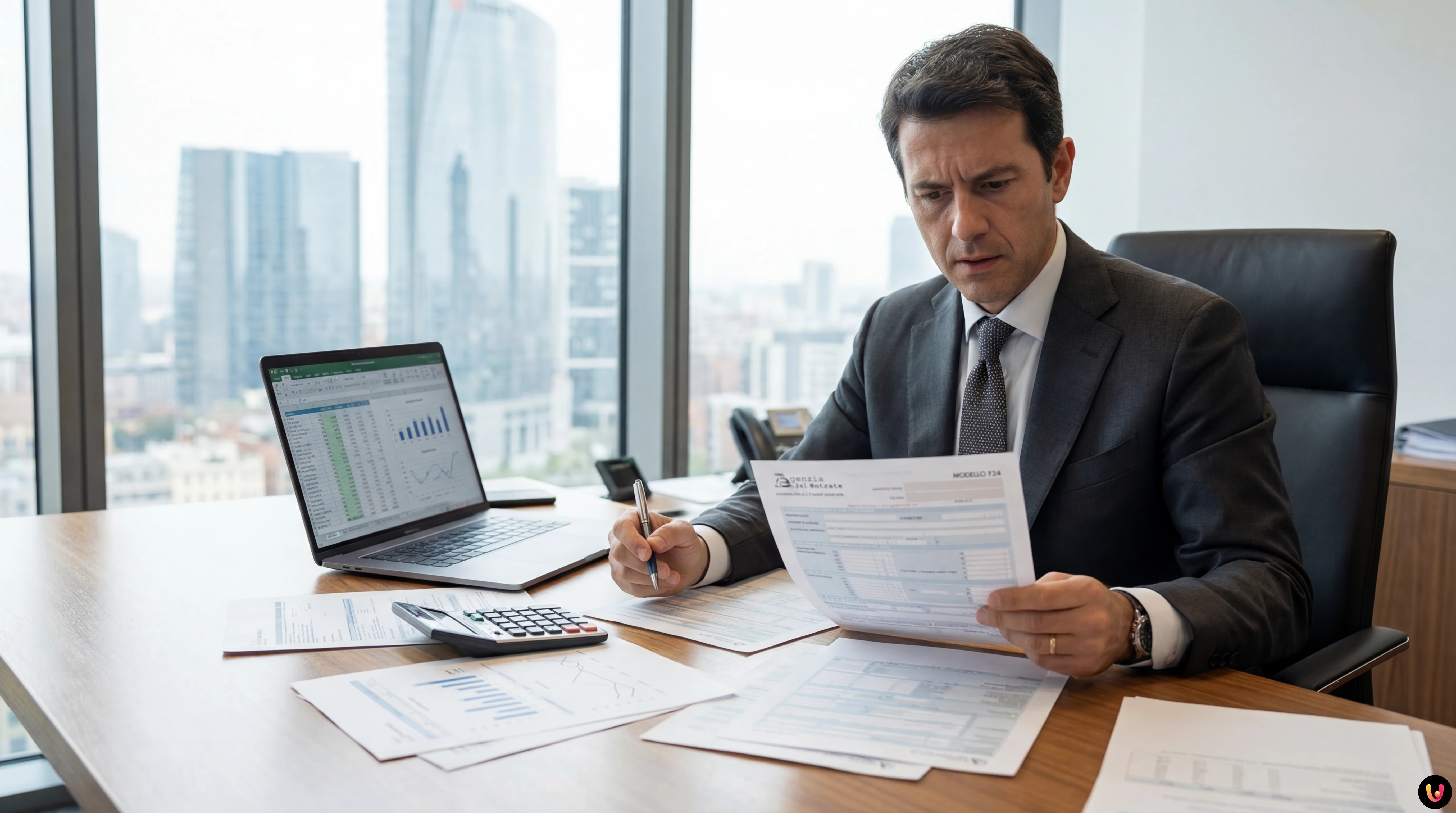 Modello F24: blocco compensazioni debiti 50mila Dettaglio modulo F24 per versamenti fiscali e calcolatrice su scrivania