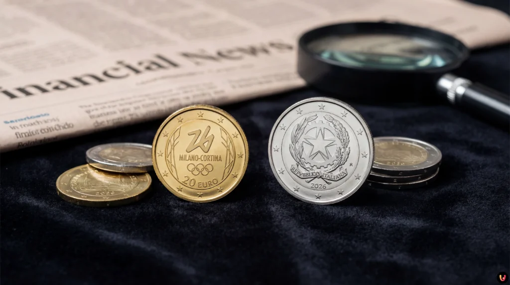 Dettaglio moneta oro Milano-Cortina 2026 della nuova Collezione Numismatica italiana