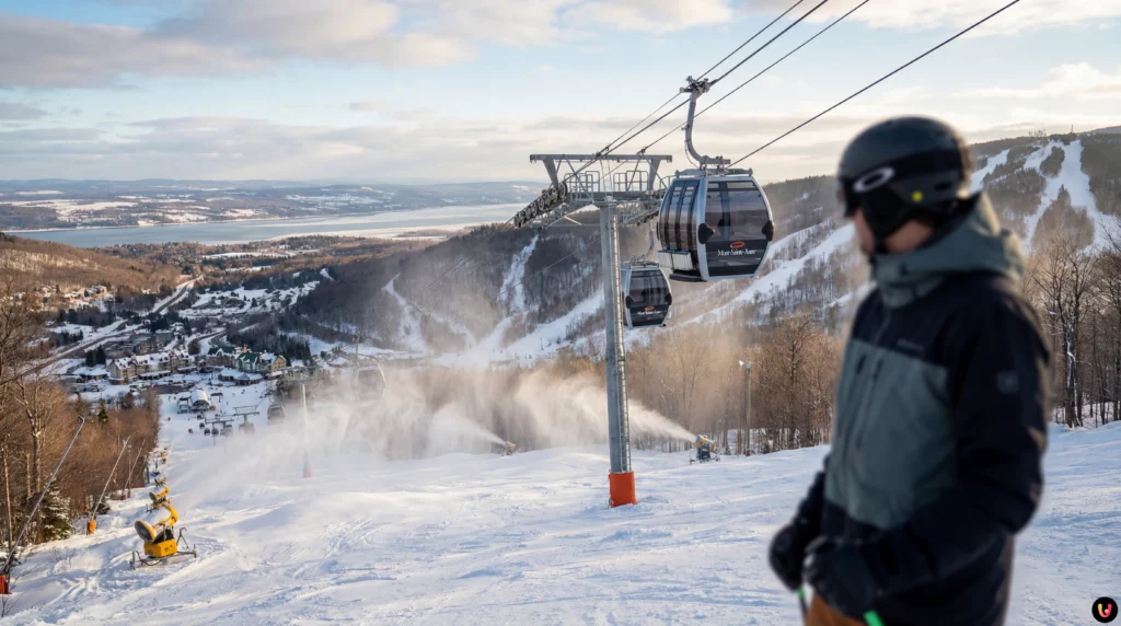 Vue panoramique des pistes de ski et des remont&eacute;es du Mont-Sainte-Anne en hiver.