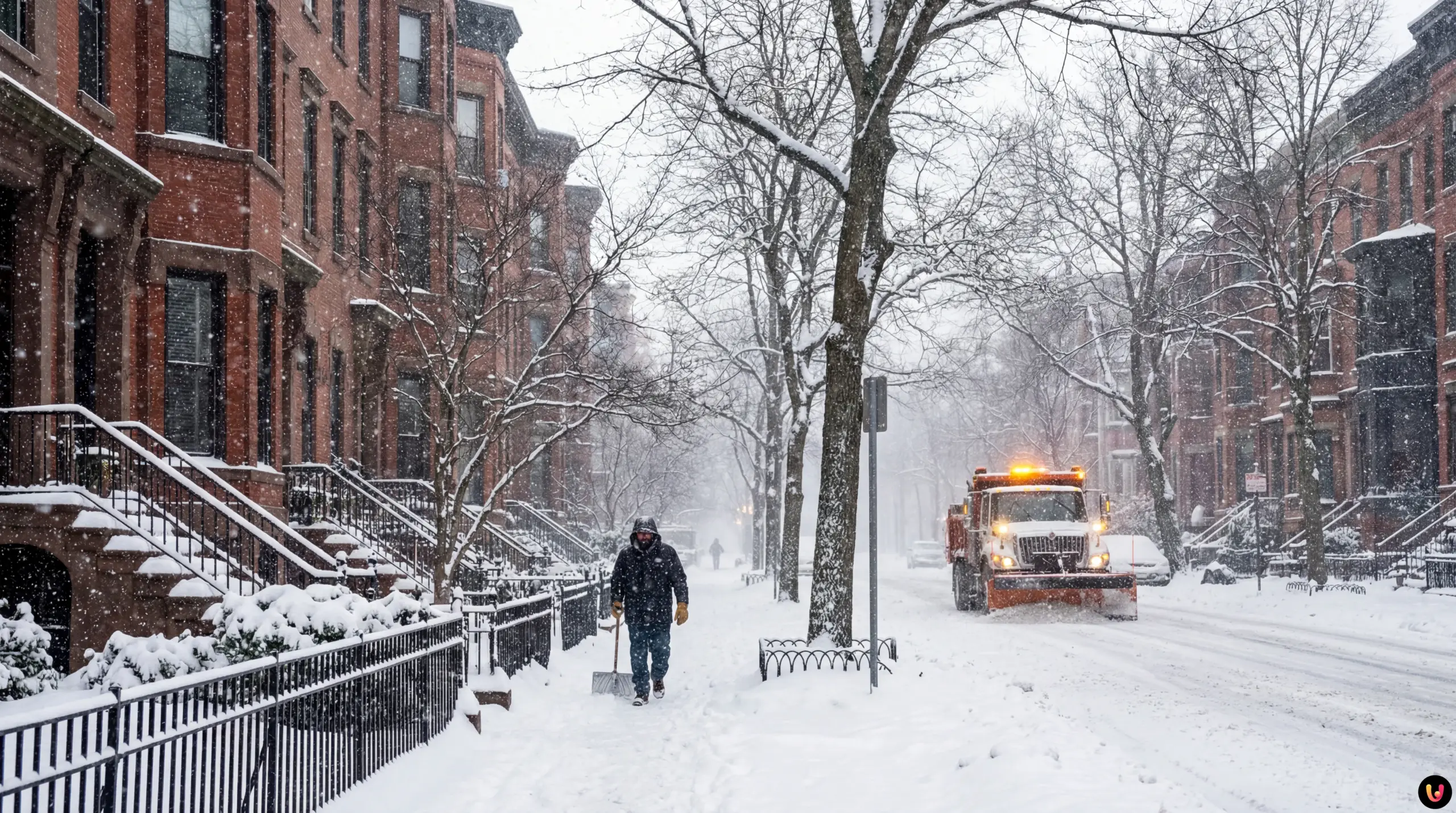 Heavy snow falling on a New England street during a severe Nor'easter storm